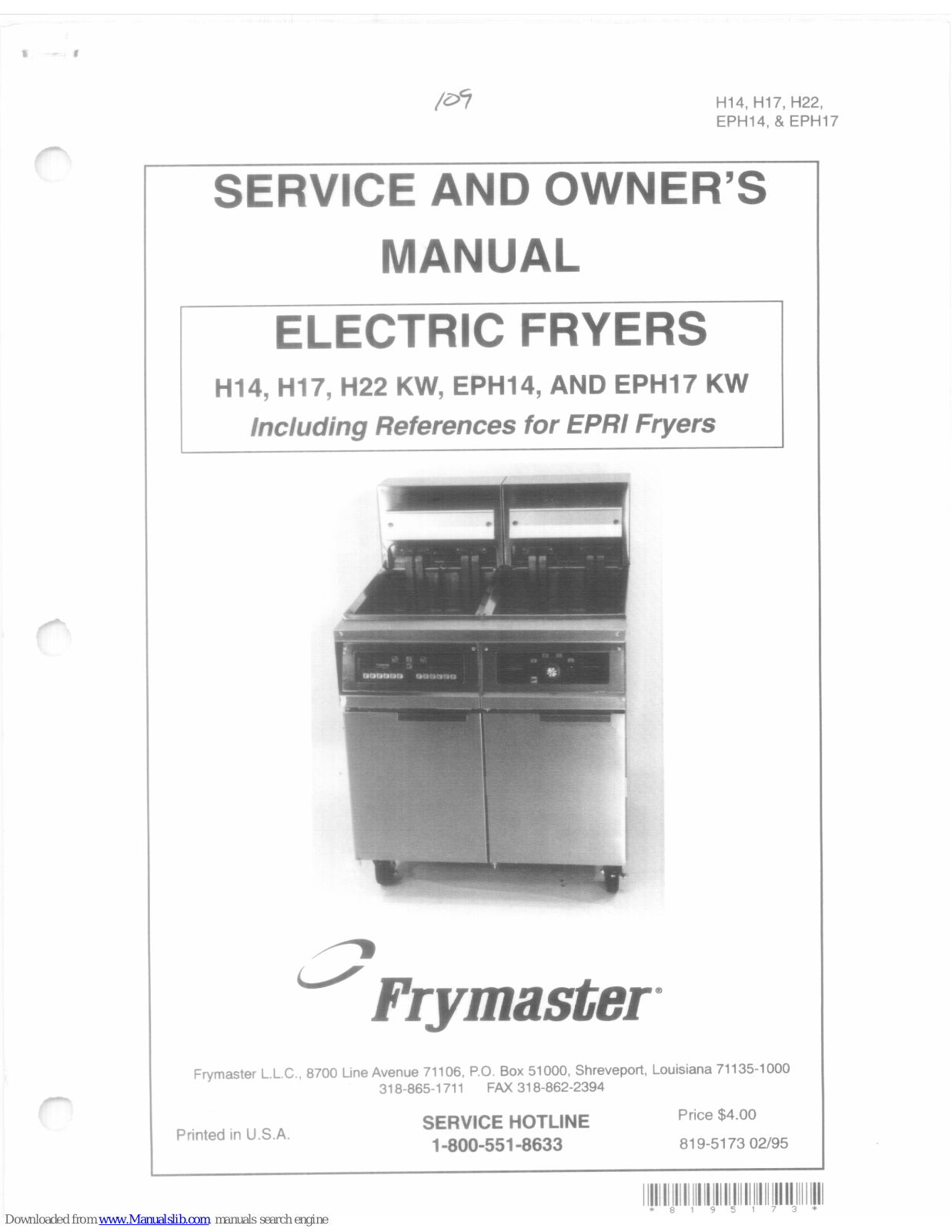 Frymaster H14, EPH17 KW, H17, H22 KW, EPH14 Service And Owner's Manual