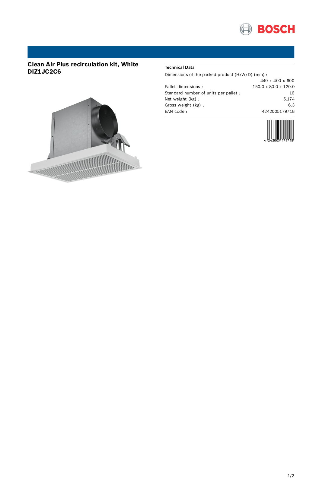 Bosch DIZ1JC2C6 Product spec sheet