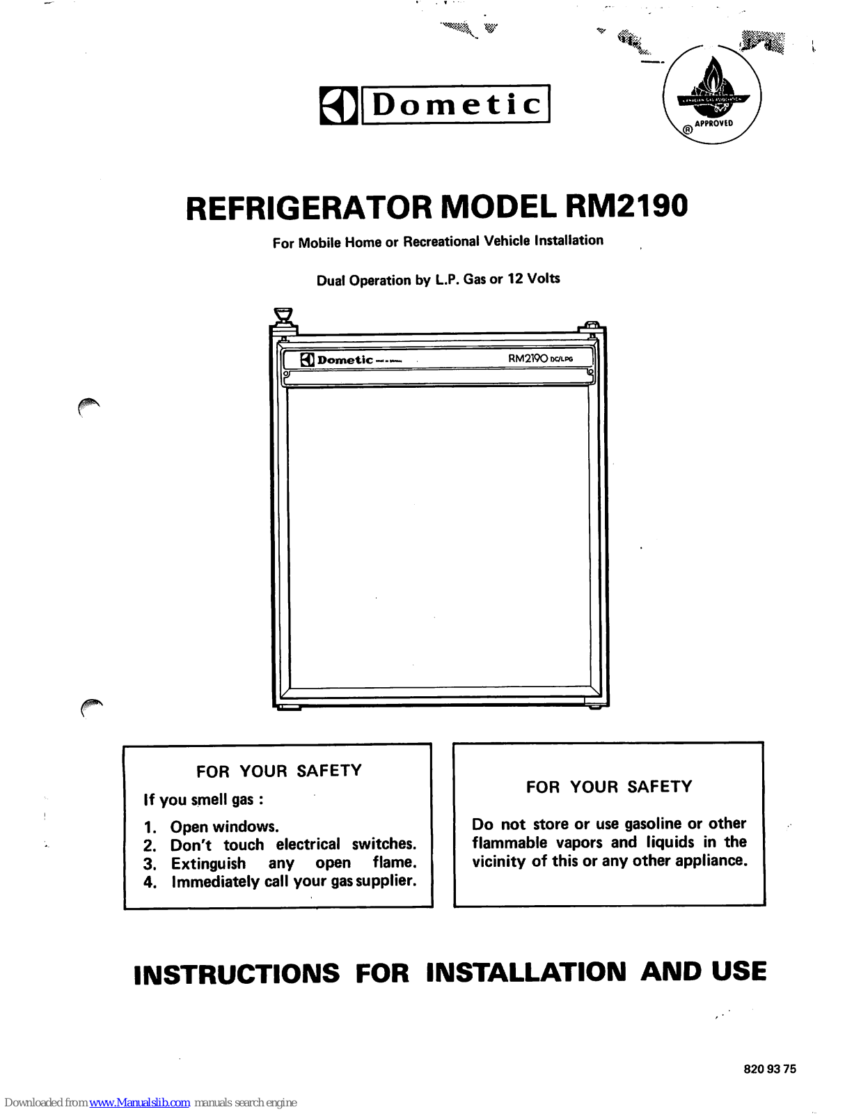 Dometic RM2190 Instructions For Installation And Use Manual