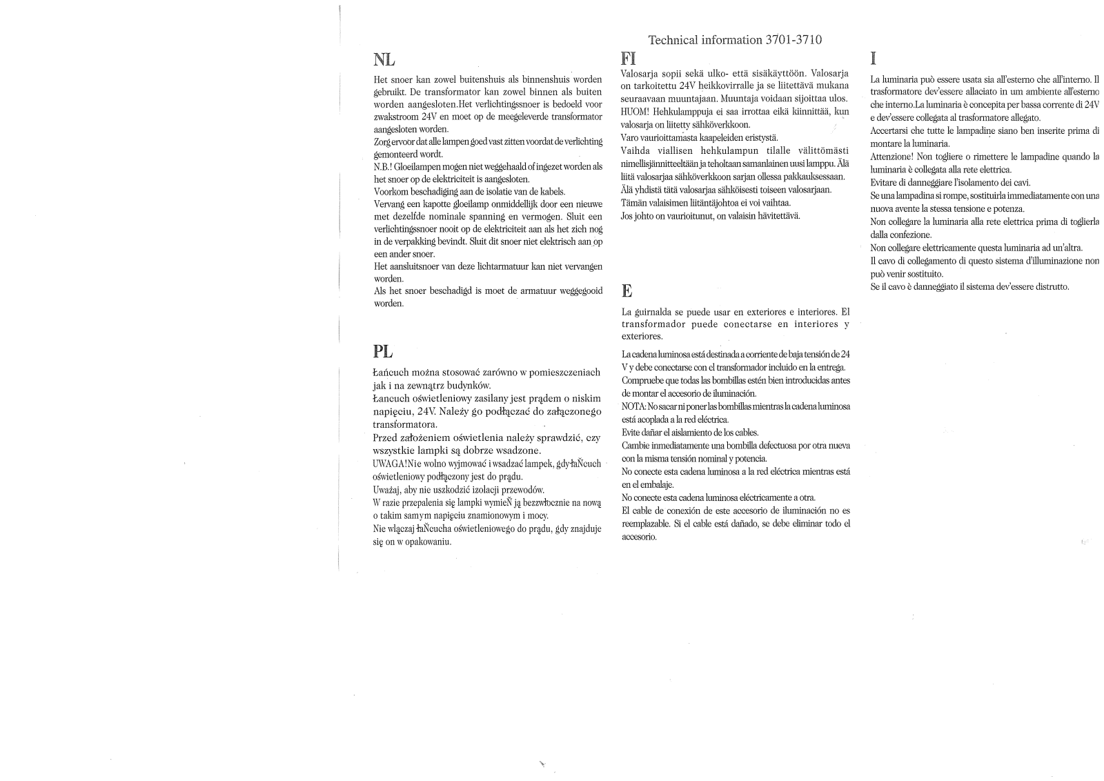 Konstsmide 3701, 3710 Technical Information