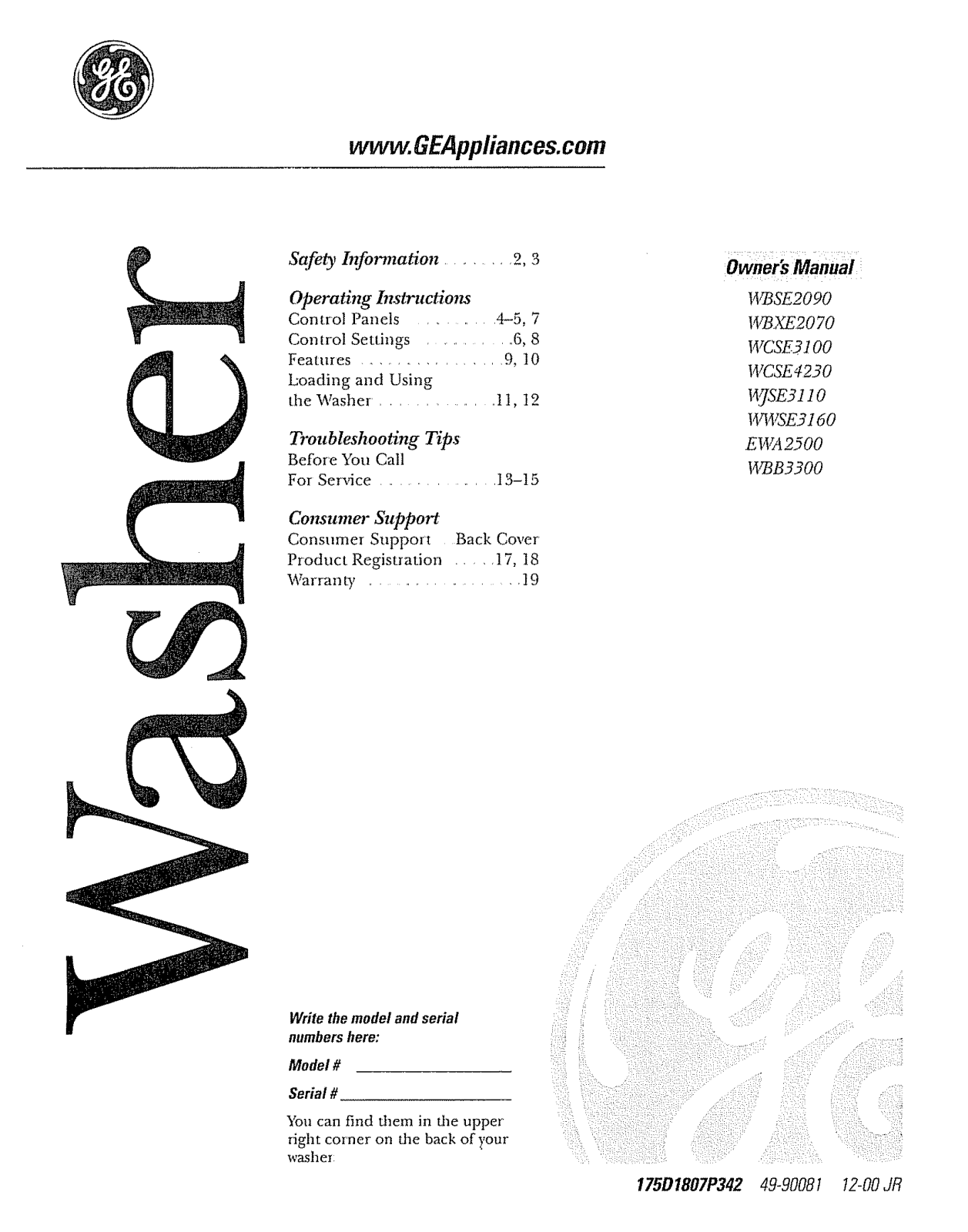 GE WWSE3160A0WW, WWSE3160A0AA, WMSE3140A2WW, WJSE4150B1WW, WJSE4150B1CC Owner’s Manual - ManualMachine.com