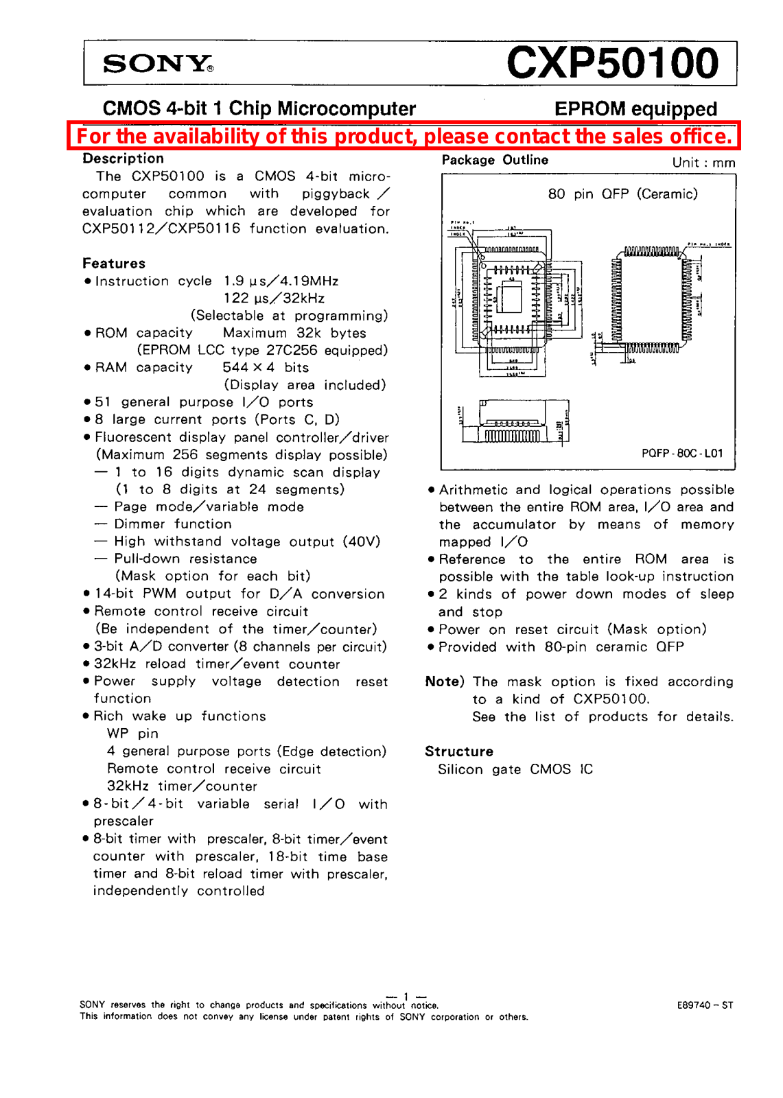 Sony CXP50100 Datasheet