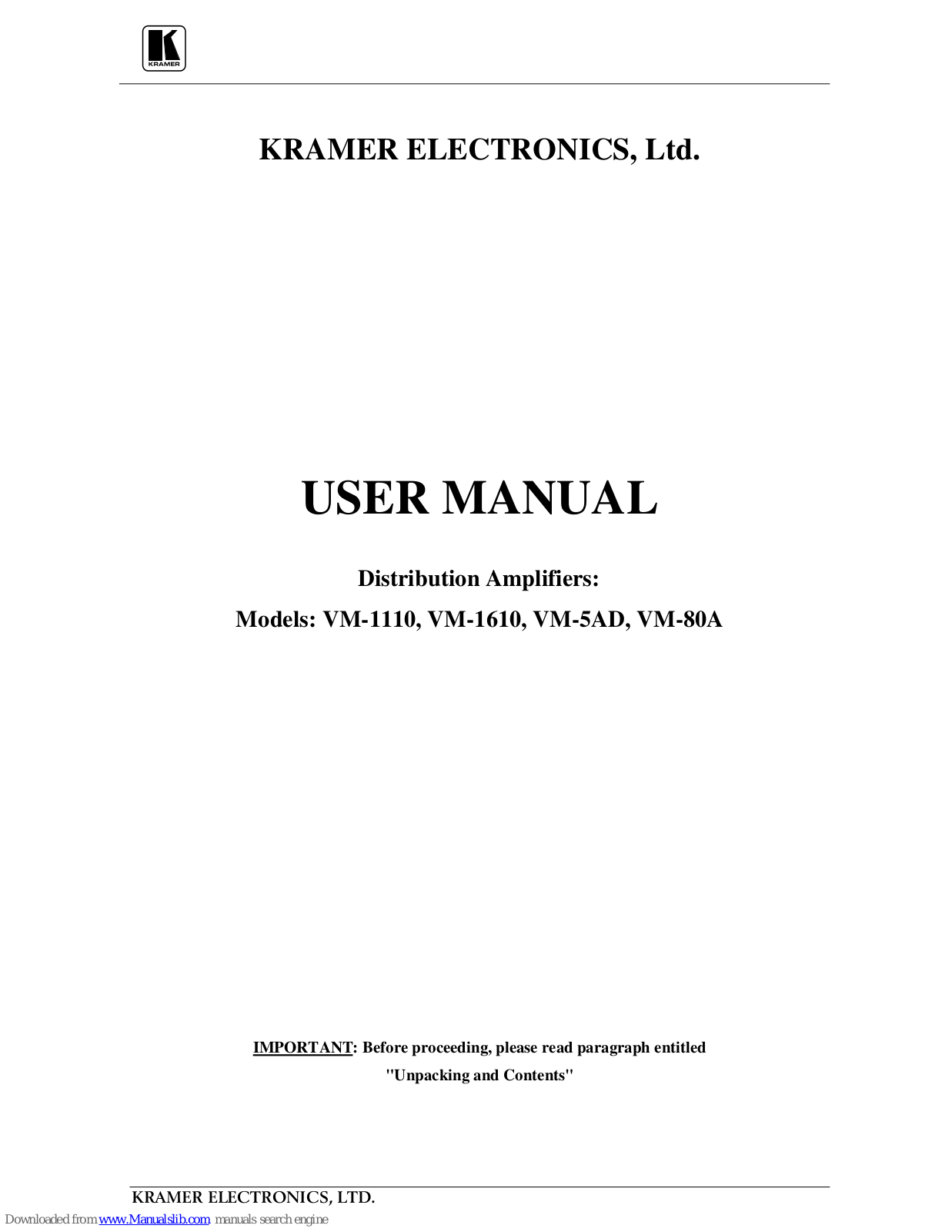 Kramer VM-1110, VM-1610, VM-5AD, VM-80A User Manual