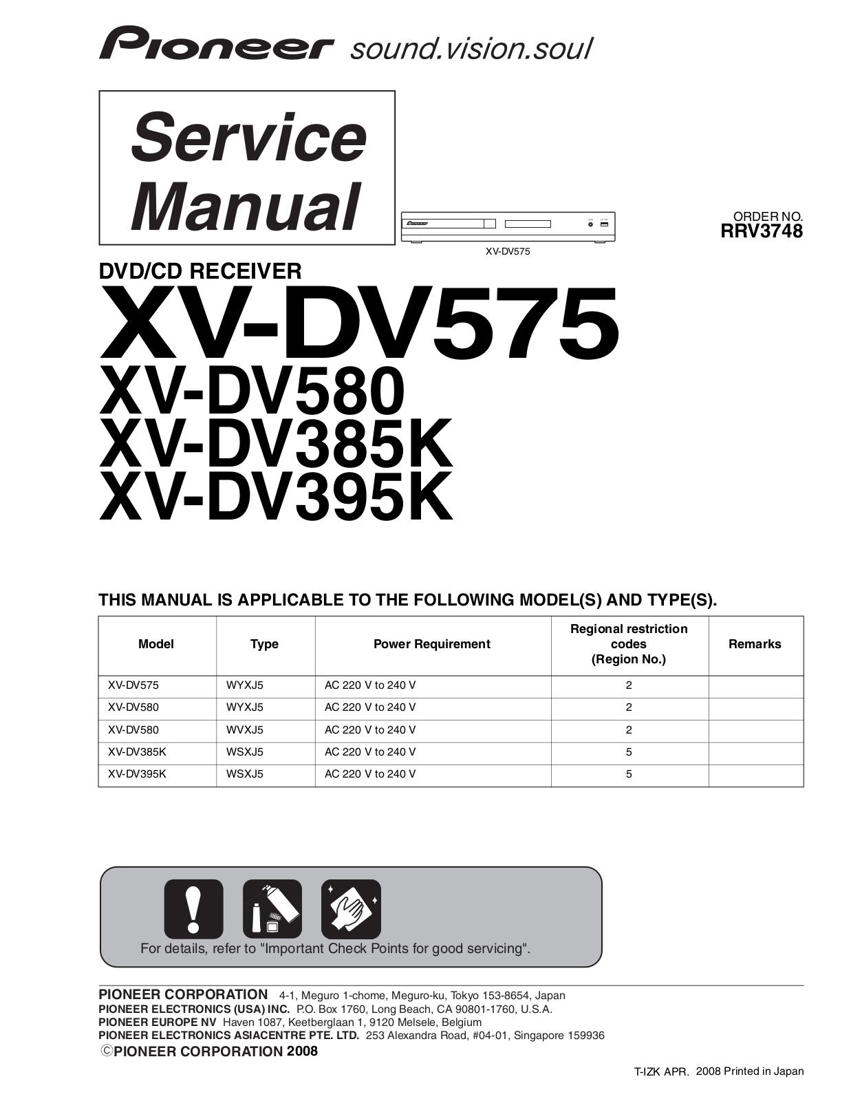 Pioneer XV-DV575, XV-DV580, XV-DV385K, XV-DV395K Service manual