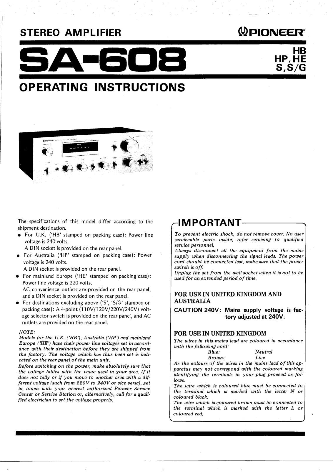 Pioneer SA-608 Owners manual