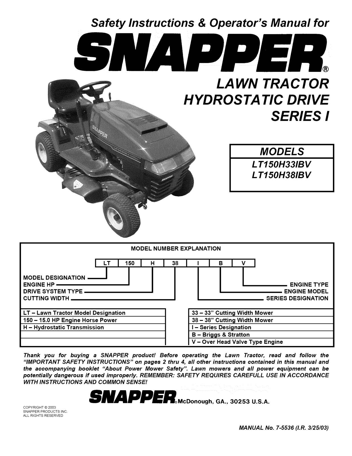 Snapper LT150H38IBV, LT150H33IBV Owner’s Manual