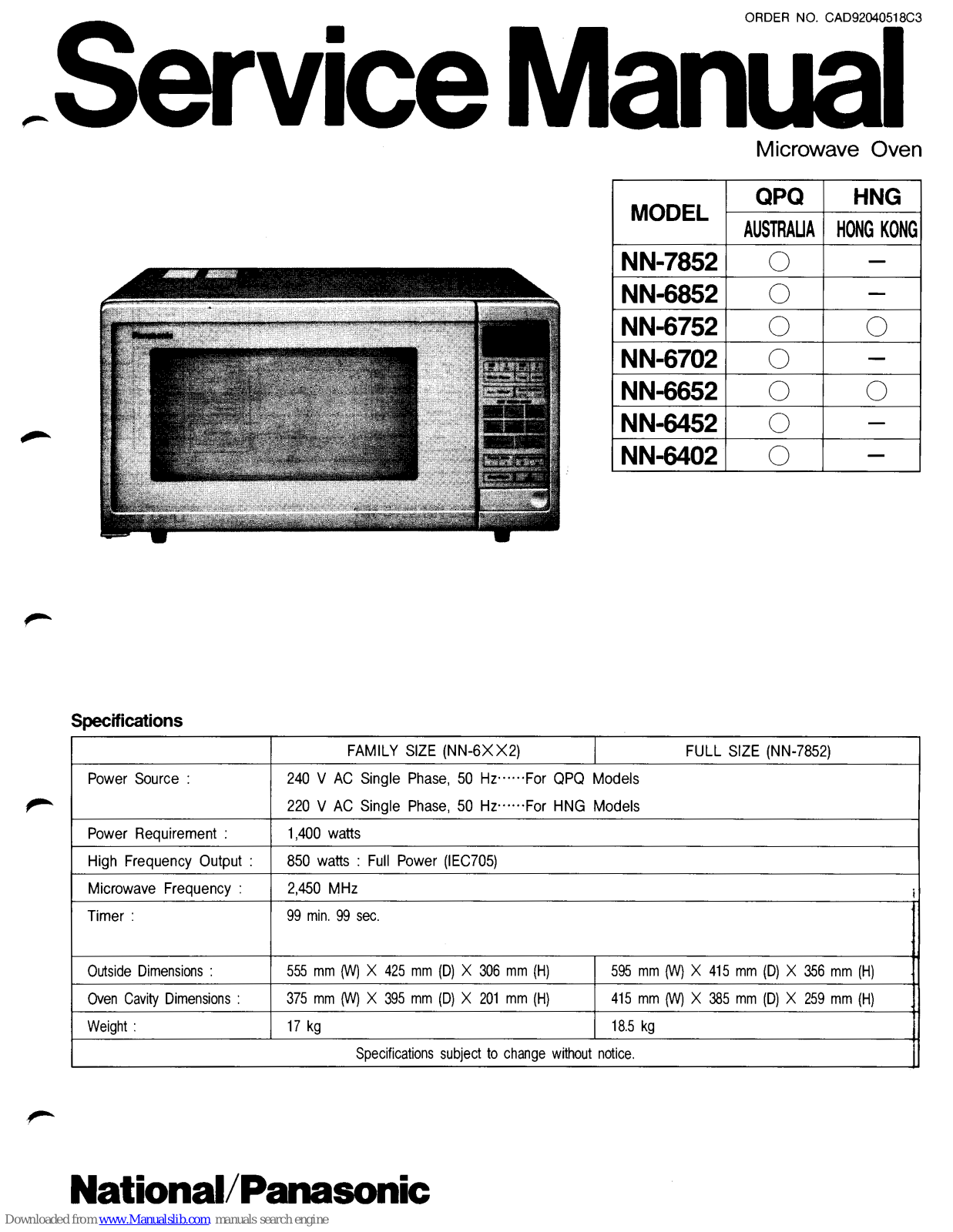 National NN-7852, NN-6852, NN-6752, NN-6702, NN-6652 Service Manual