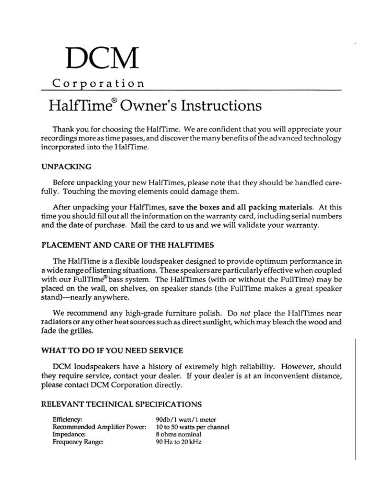 DCM Halftime Owners manual