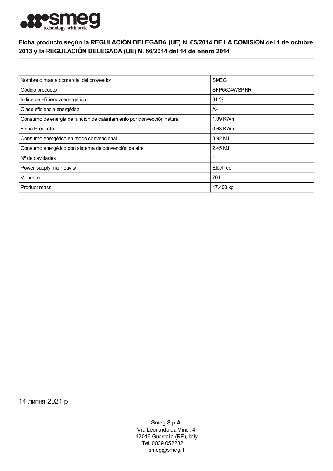 Smeg SFP6604WSPNR Product Information Sheet