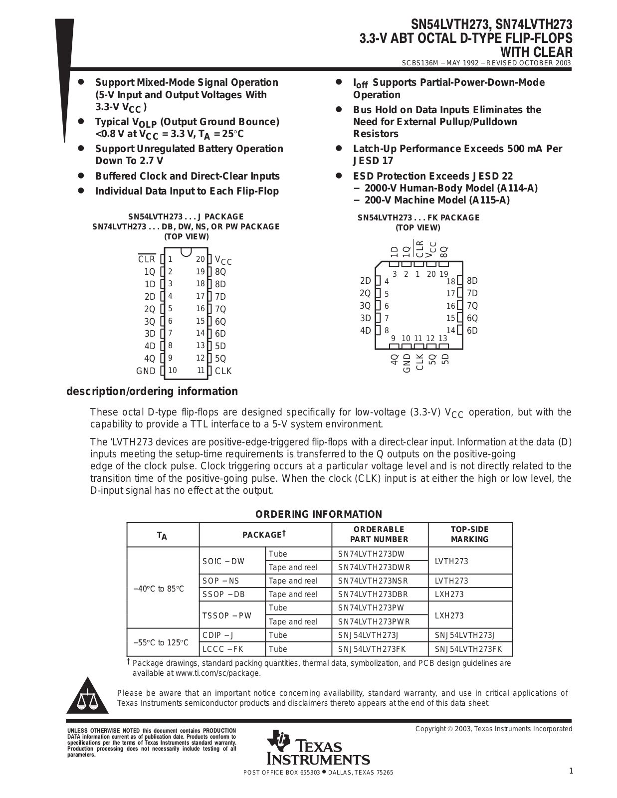 TEXAS INSTRUMENTS SN54LVTH273, SN74LVTH273 Technical data