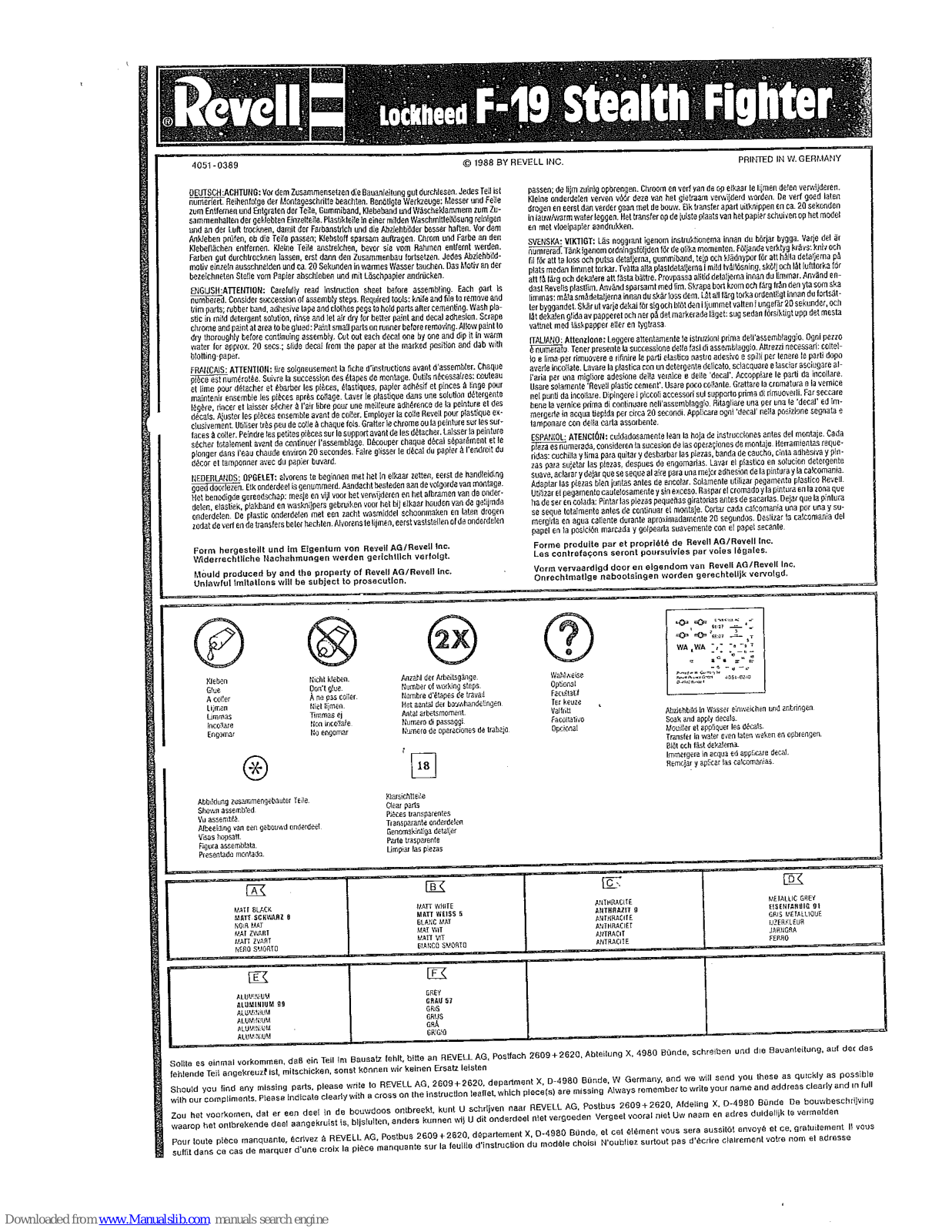 REVELL Lockheed F19 Stealth Fighter Assembly Instructions Manual