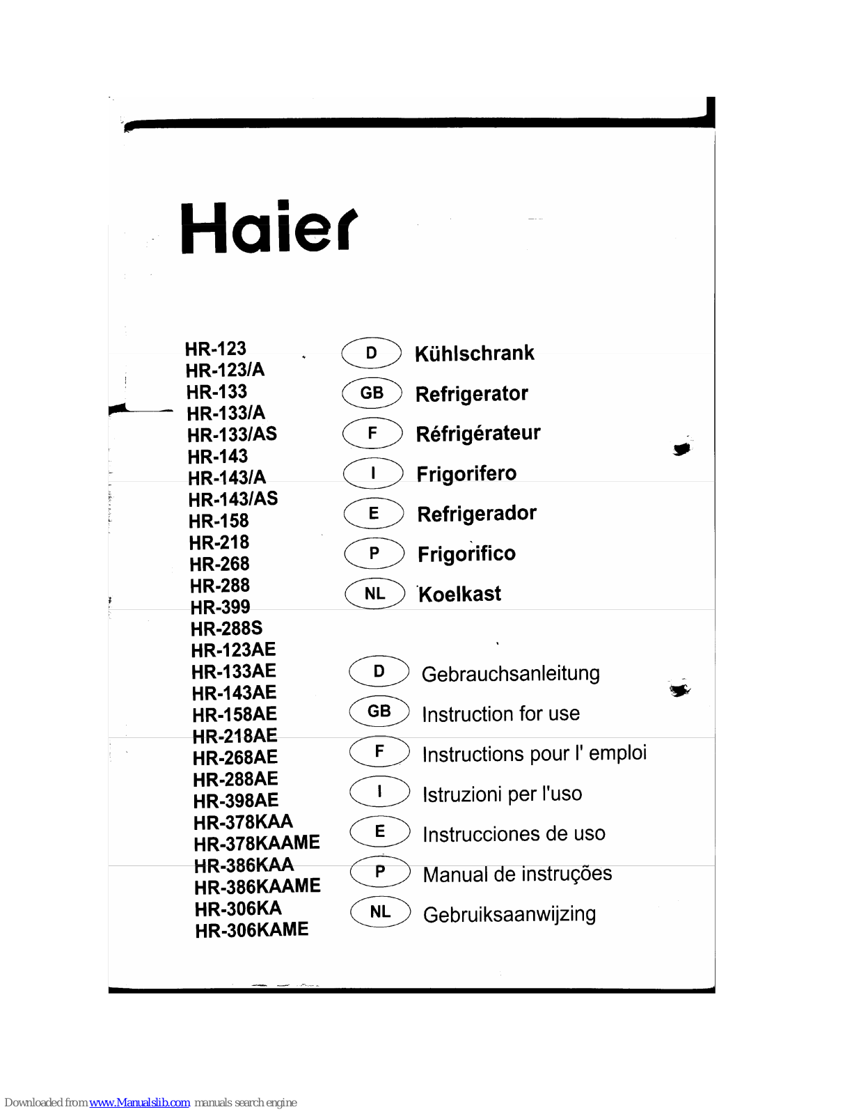 Haier HR-123/A, HR-133/A, HR-123AE, HR-133, HR-133/AS User Manual