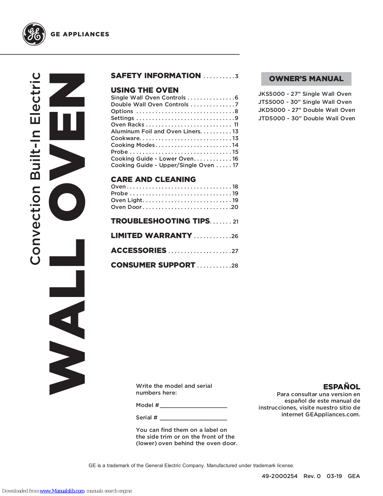 GE JKS5000, JTS5000, JKD5000, JTD5000 Owner's Manual