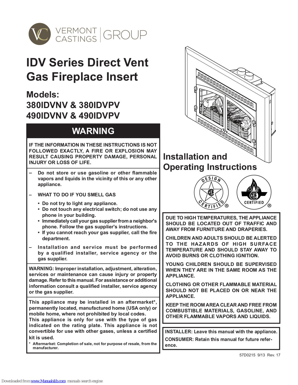 Vermont Castings 380IDVNV, 490IDVNV, 380IDVPV, 490IDVPV Installation And Operating Instructions Manual