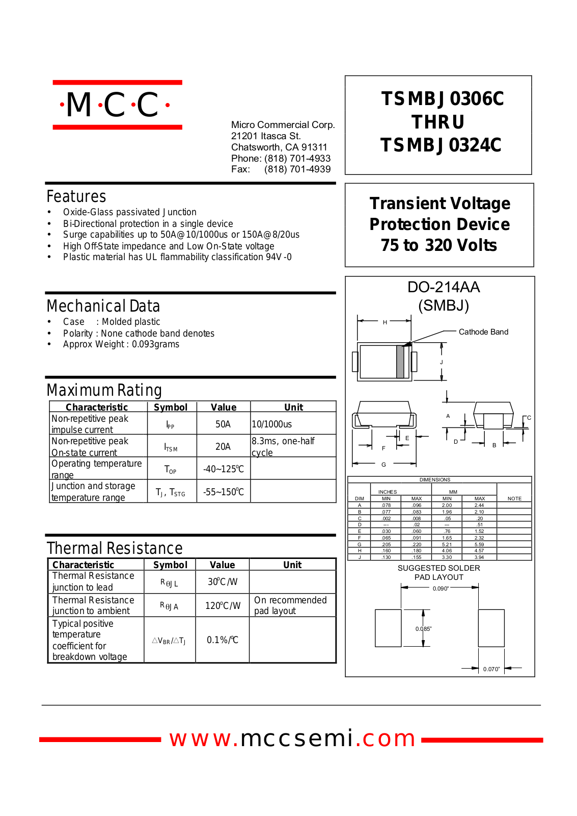 MCC TSMBJ0324C, TSMBJ0322C, TSMBJ0318C, TSMBJ0312C, TSMBJ0316C Datasheet