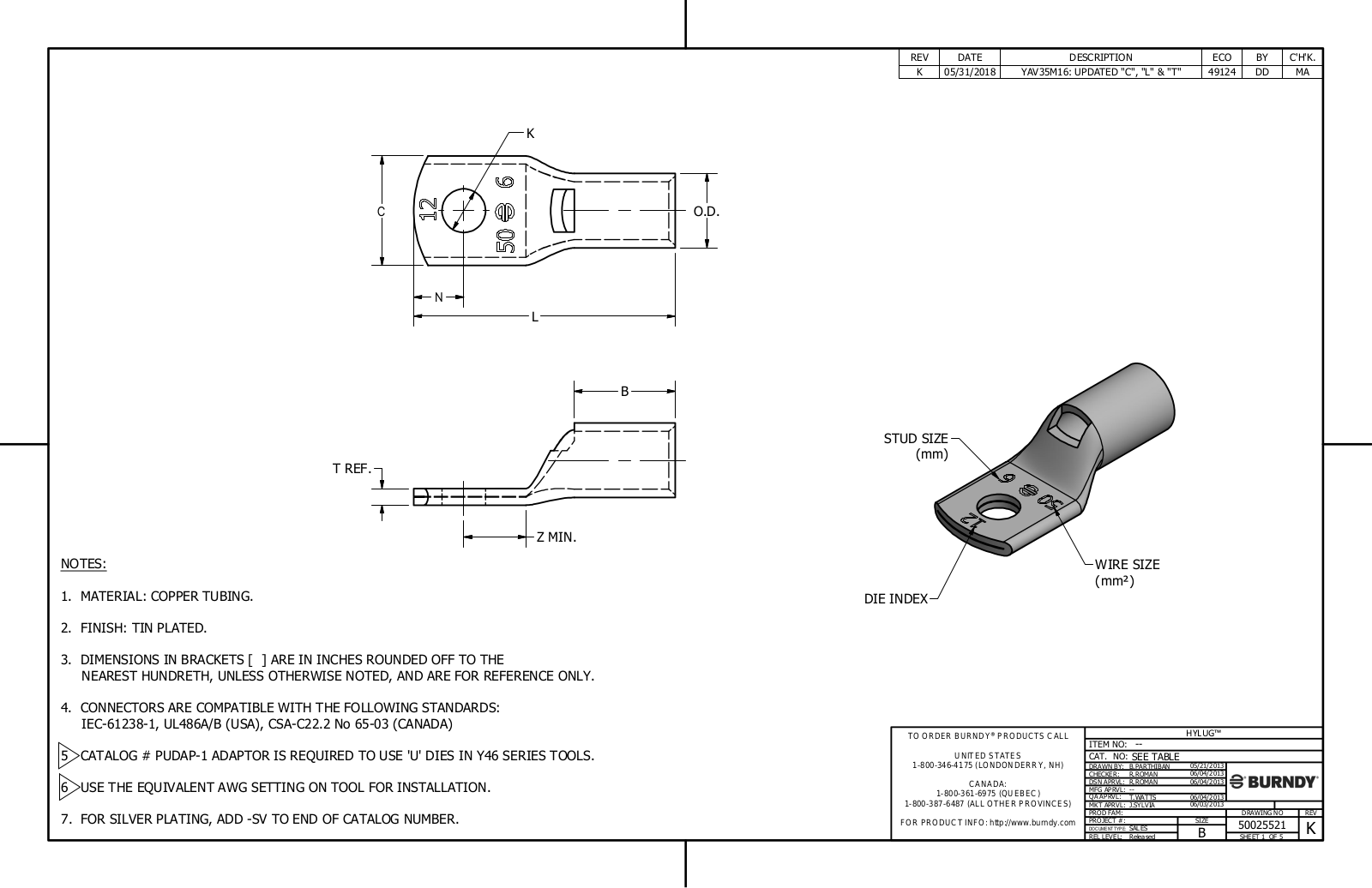 Burndy YAV120M12 Data Sheet