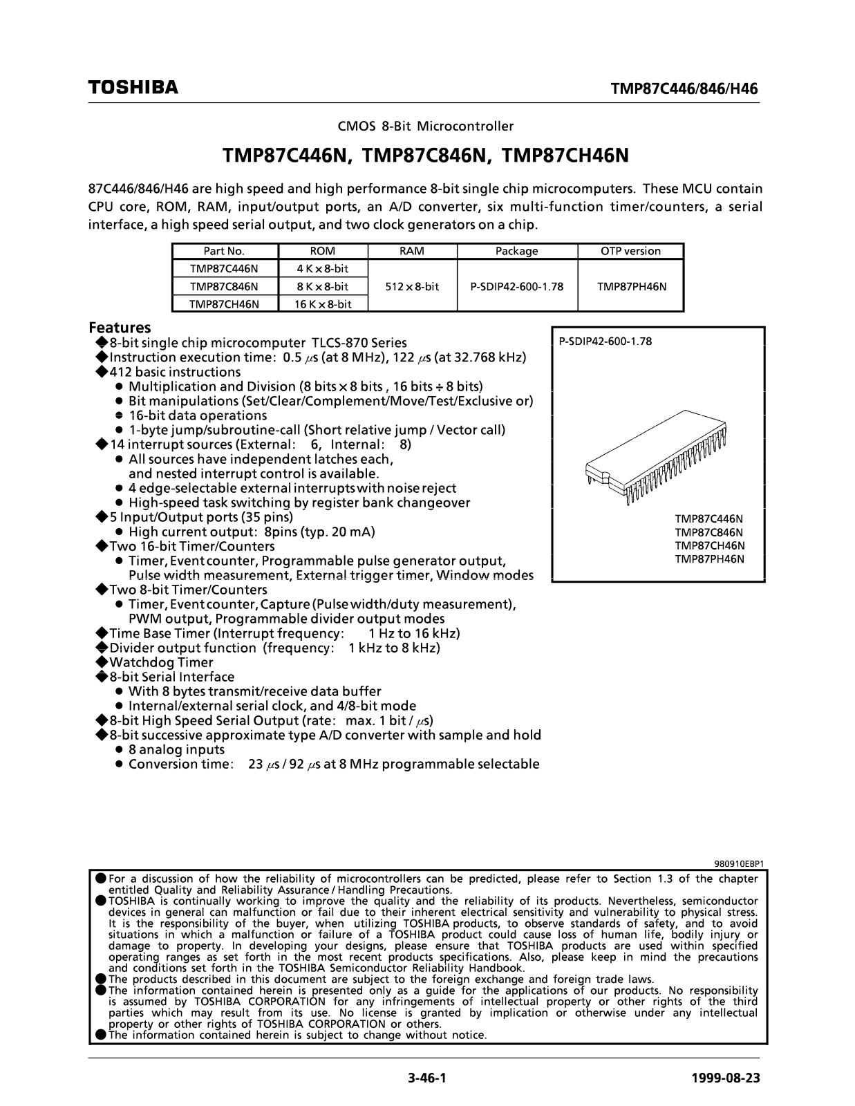 TOSHIBA TMP87C446N, TMP87C846N, TMP87CH46N Technical data