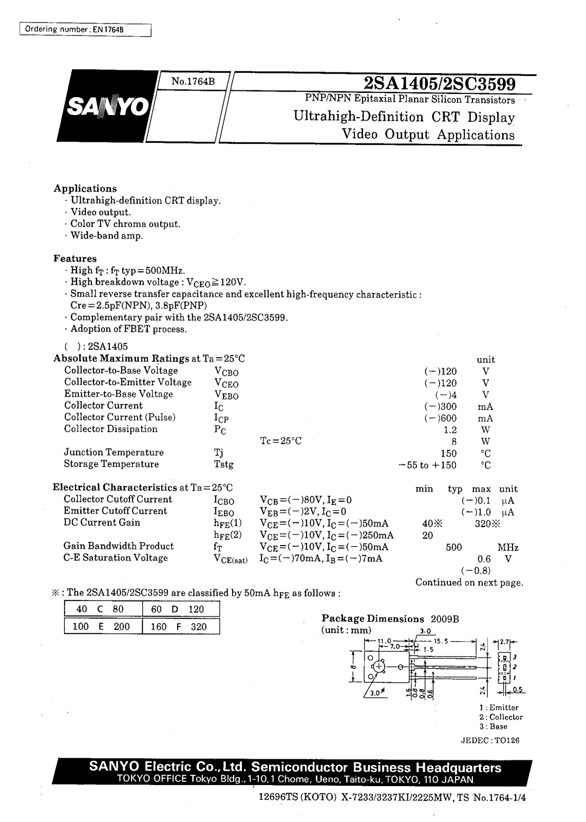 SANYO 2SC3599, 2SA1405 Datasheet