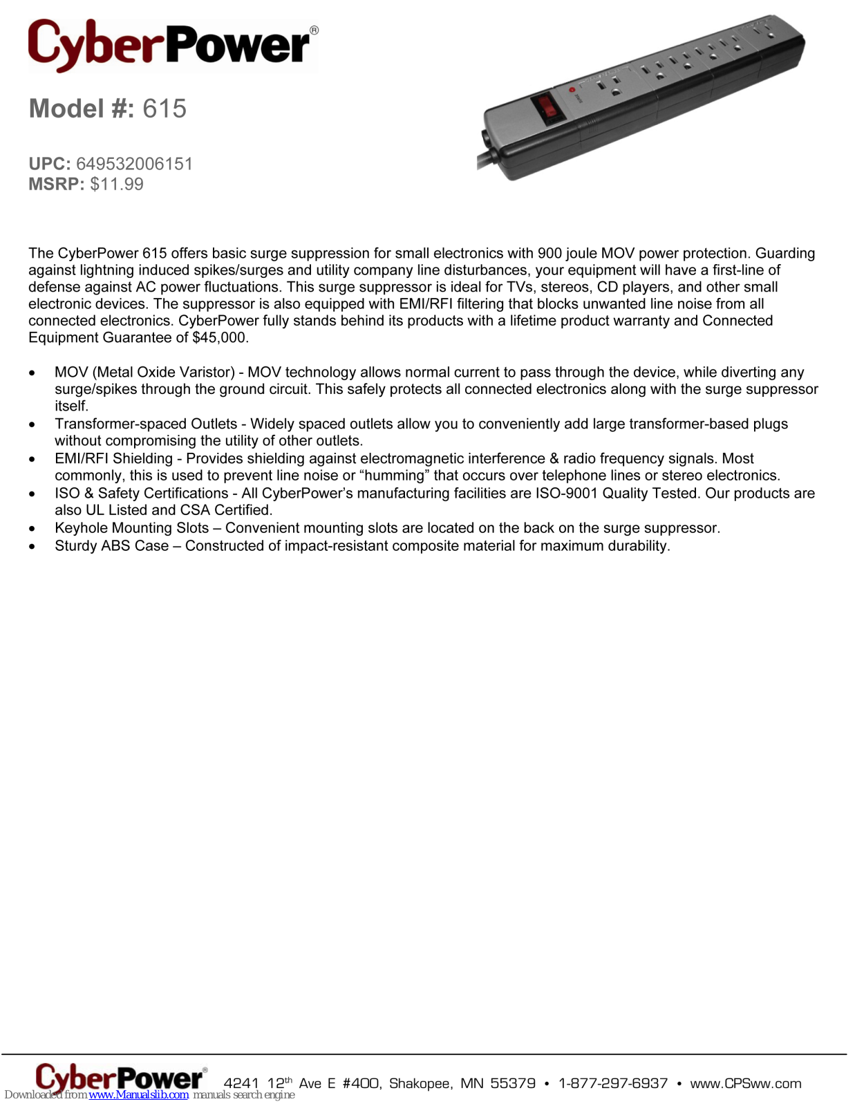 CyberPower 615, 649532006151 Specification Sheet