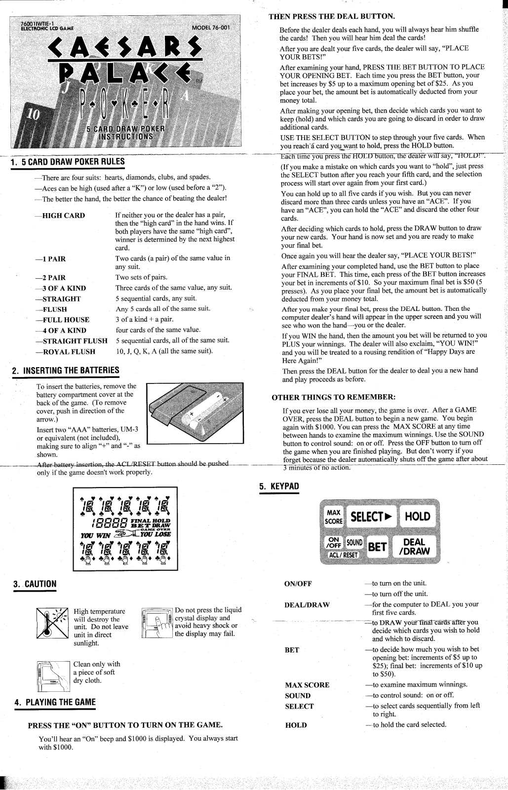 HASBRO Caesars Palace POKER LCD Game User Manual