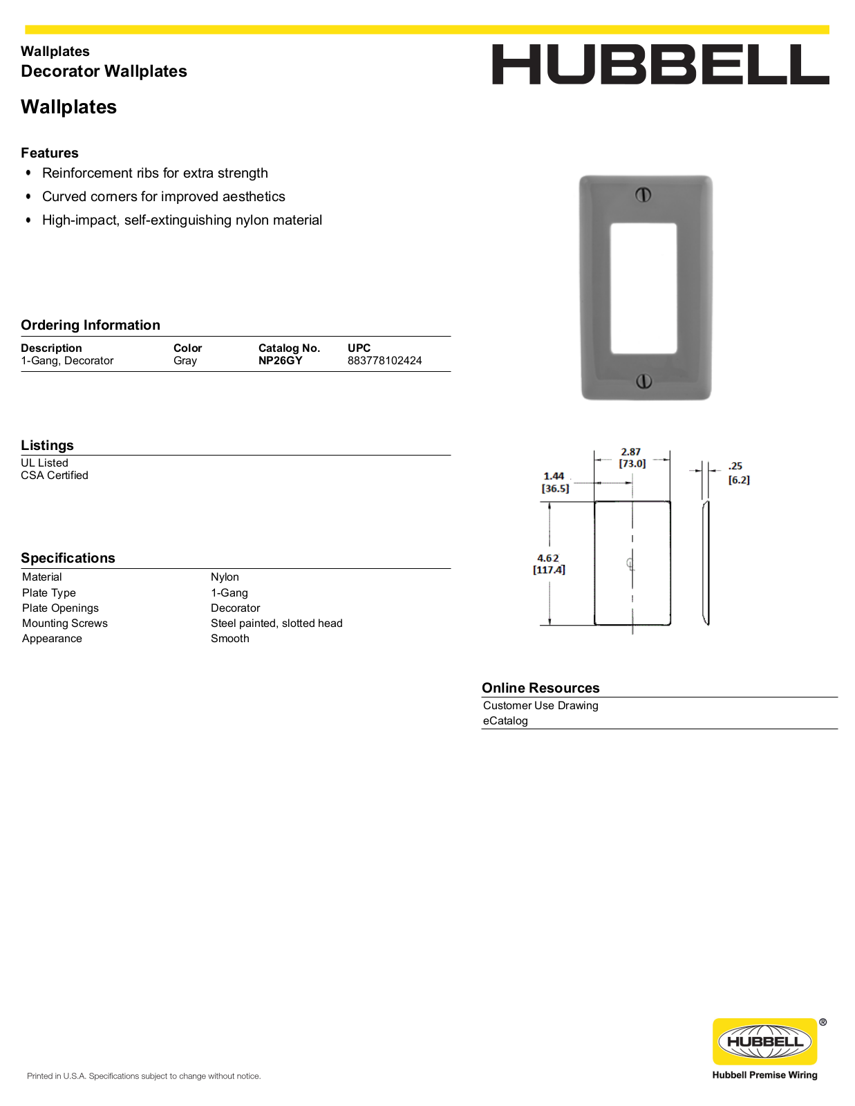 Hubbell NP26GY Specifications