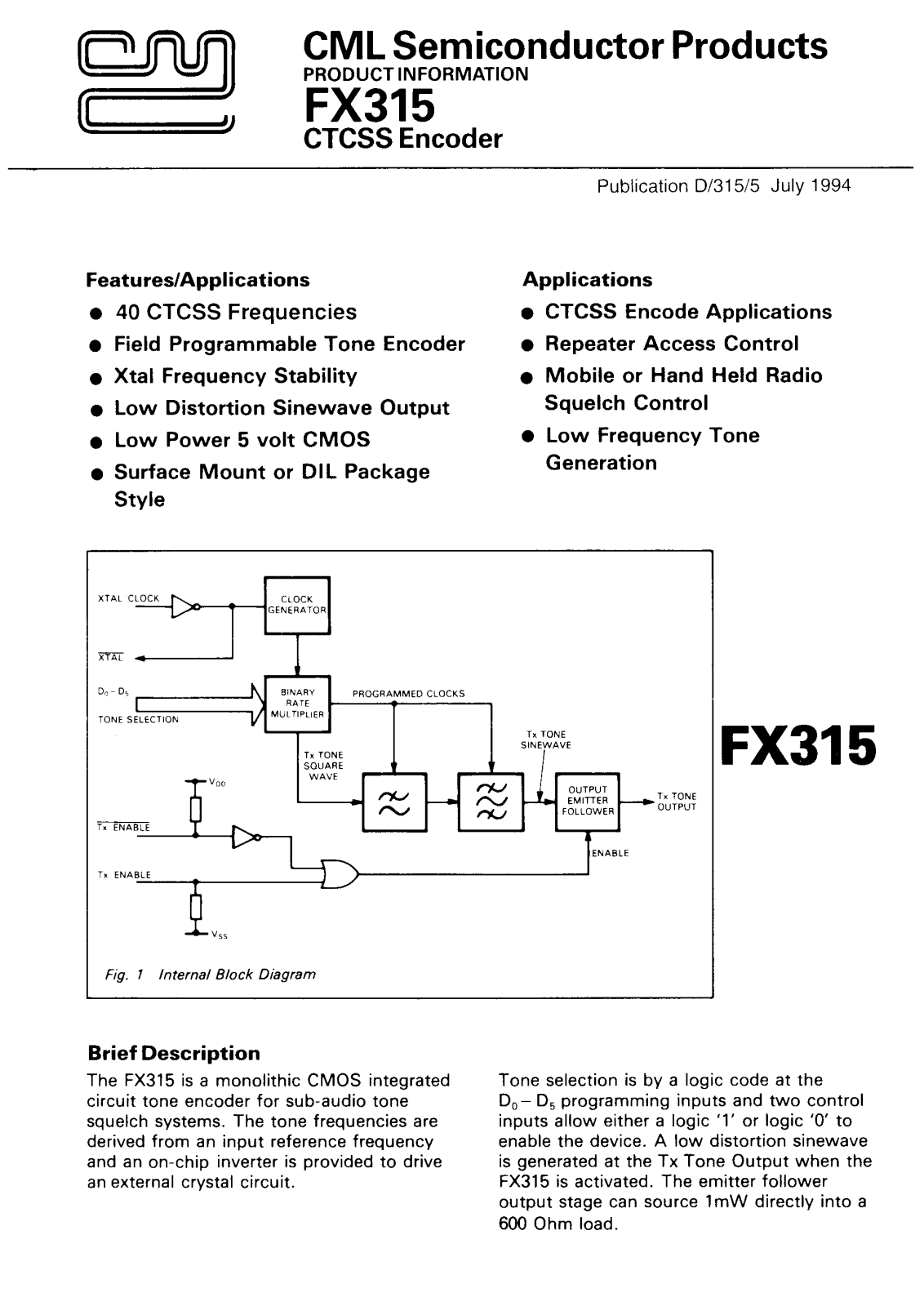 Consumer Microcircuits Limited FX315LG, FX315J Datasheet