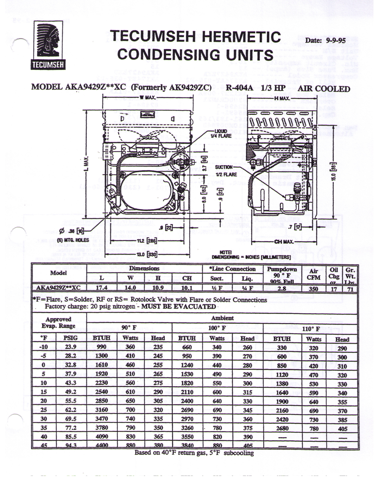 Tecumseh AKA9429ZXAXC Performance Data Sheet