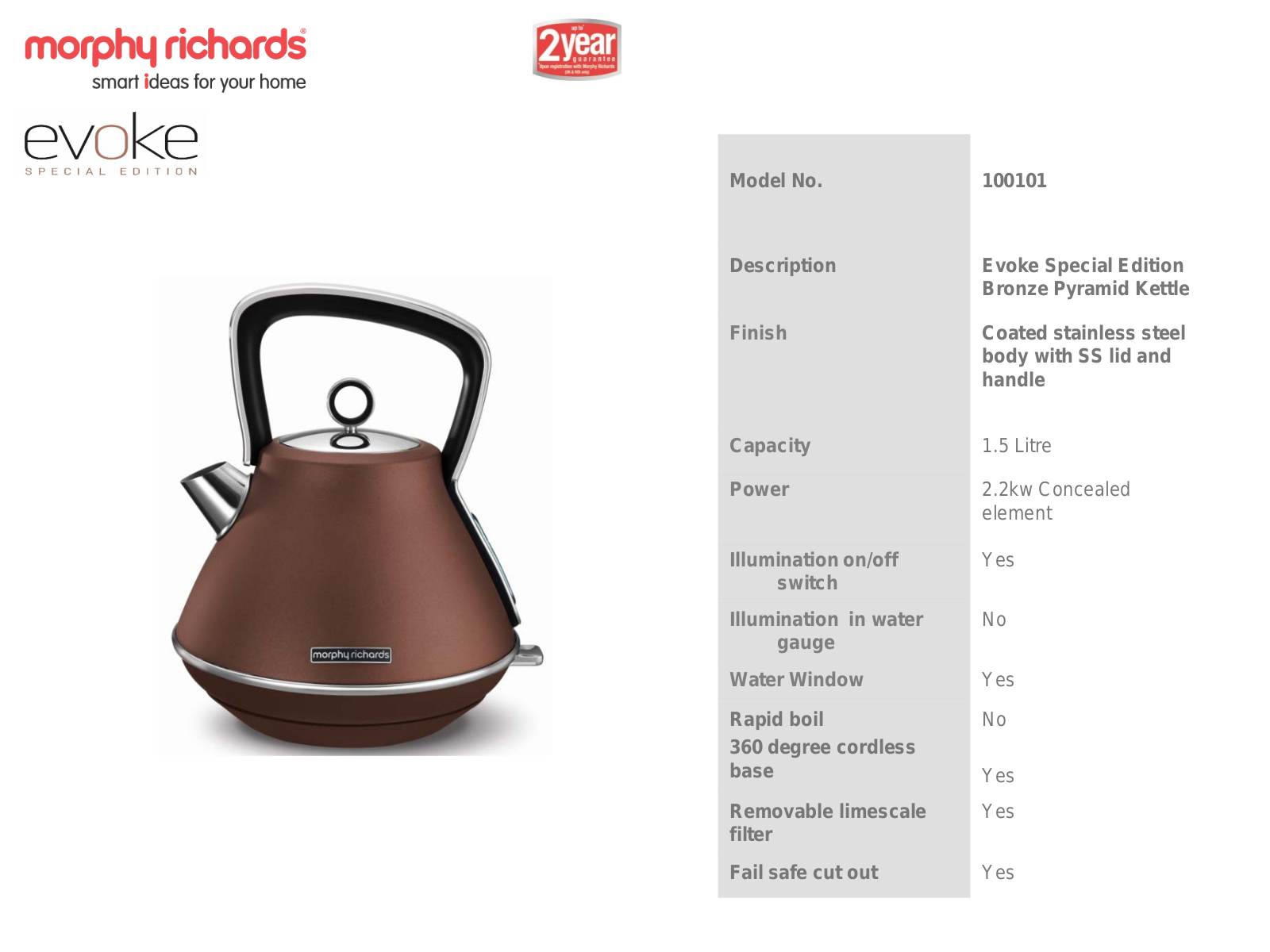 Morphy Richards 100101 Specifications Sheet