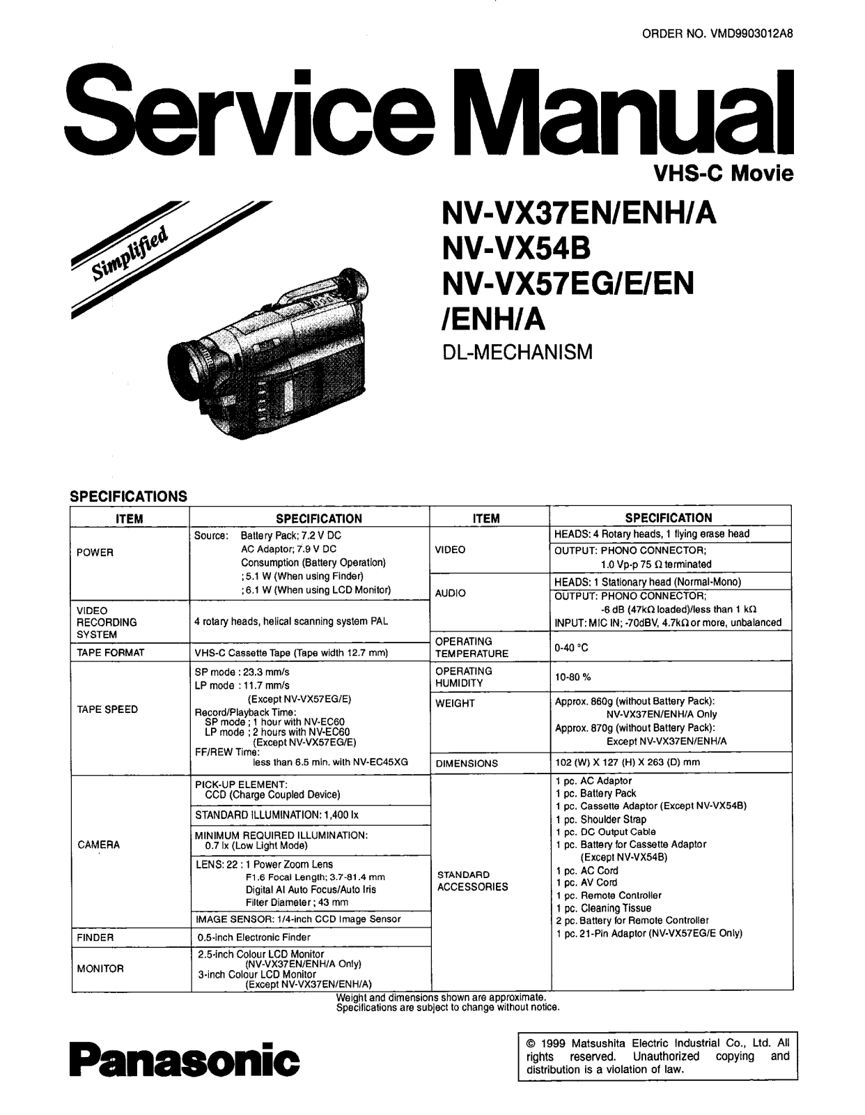 Panasonic NV-VX37, NV-VX54, NV-VX57 Service Manual