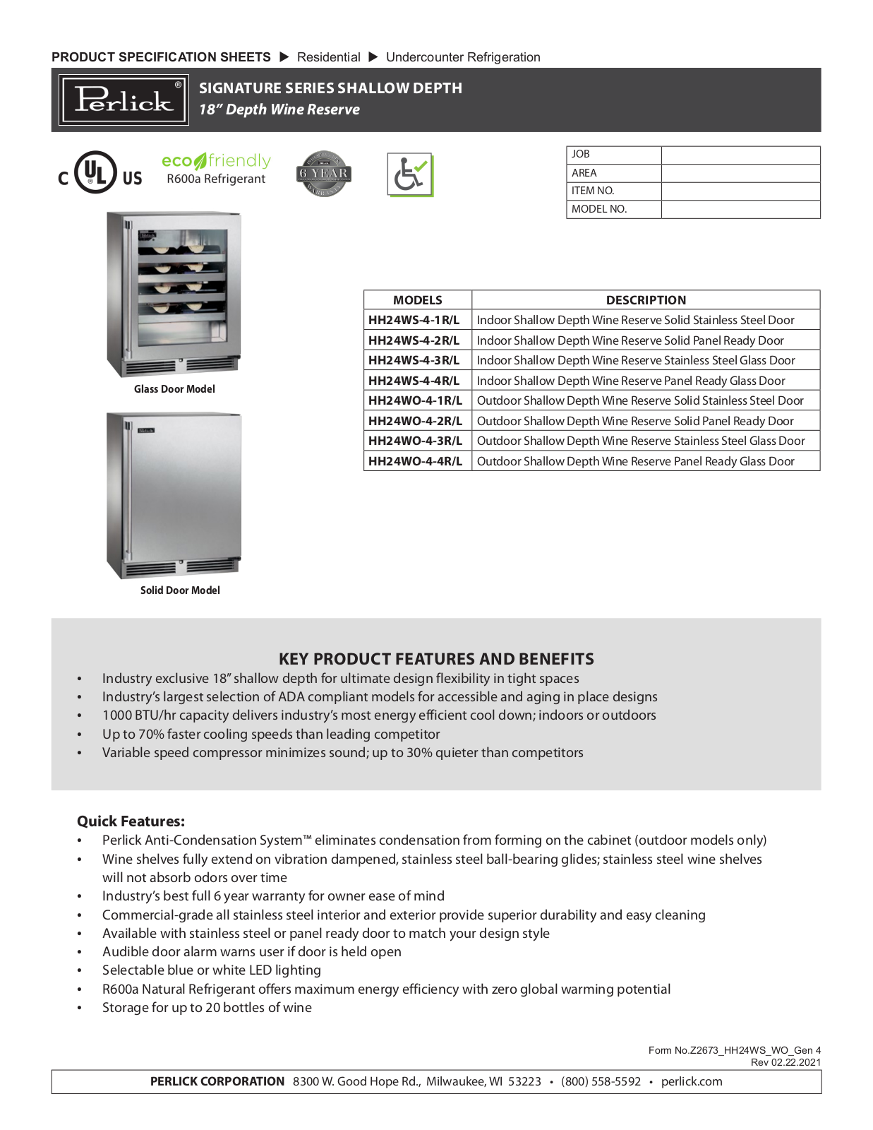 Perlick HH24WS-4-1L, HH24WS-4-2L, HH24WS-4-3L, HH24WS-4-4L, HH24WO-4-1L Specification Sheet