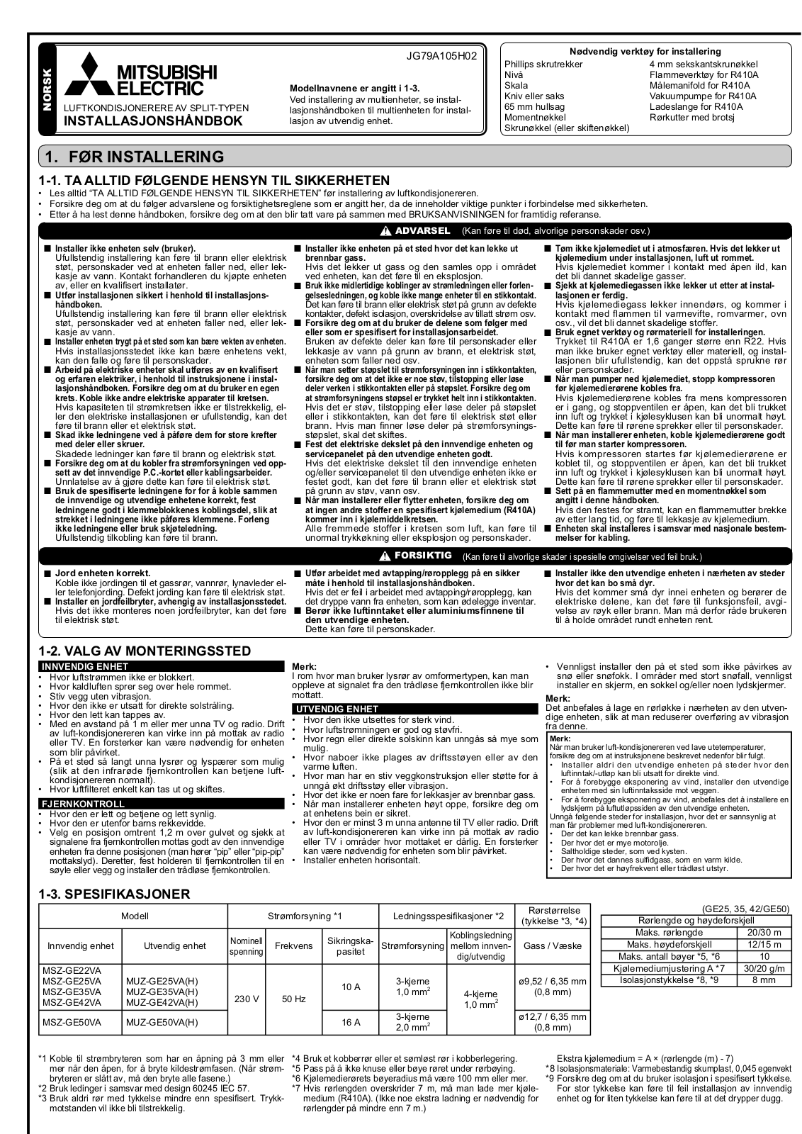 Mitsubishi JG79A105H02 INSTALLATION MANUAL