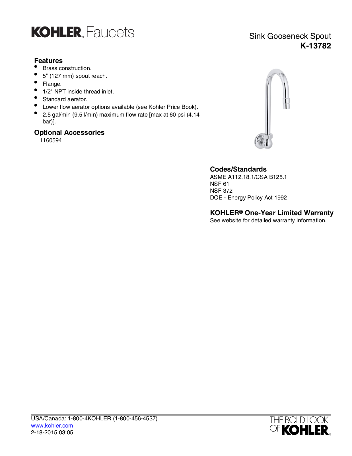 Kohler KOH15016 Specifications