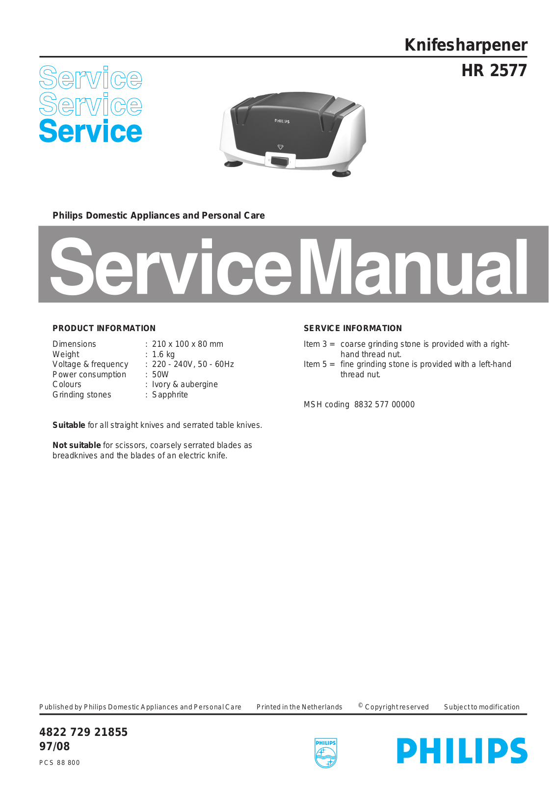 Philips HR 2577 Service Manual