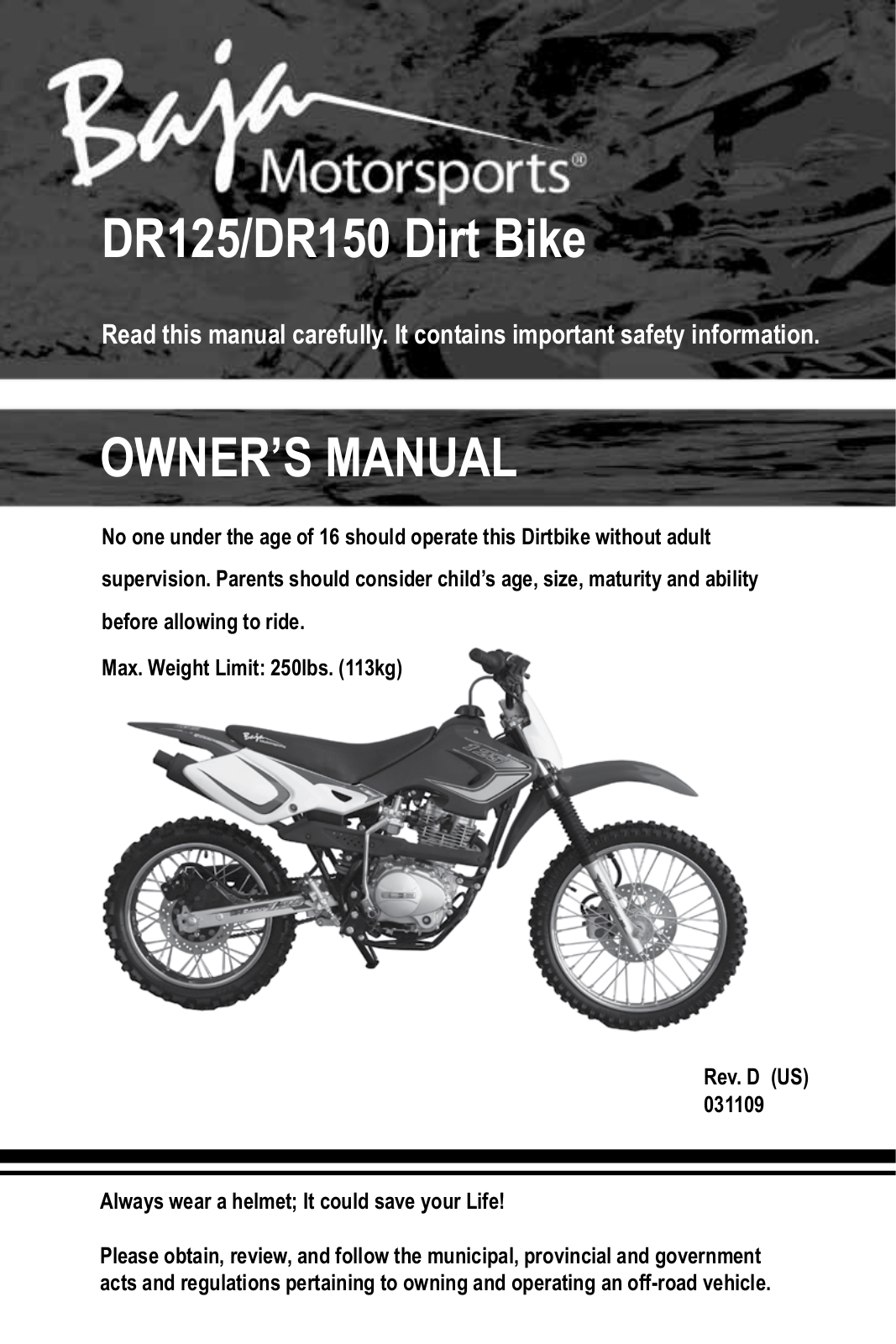 Bajaj X250 Dirt Bike 2009 Owner's manual