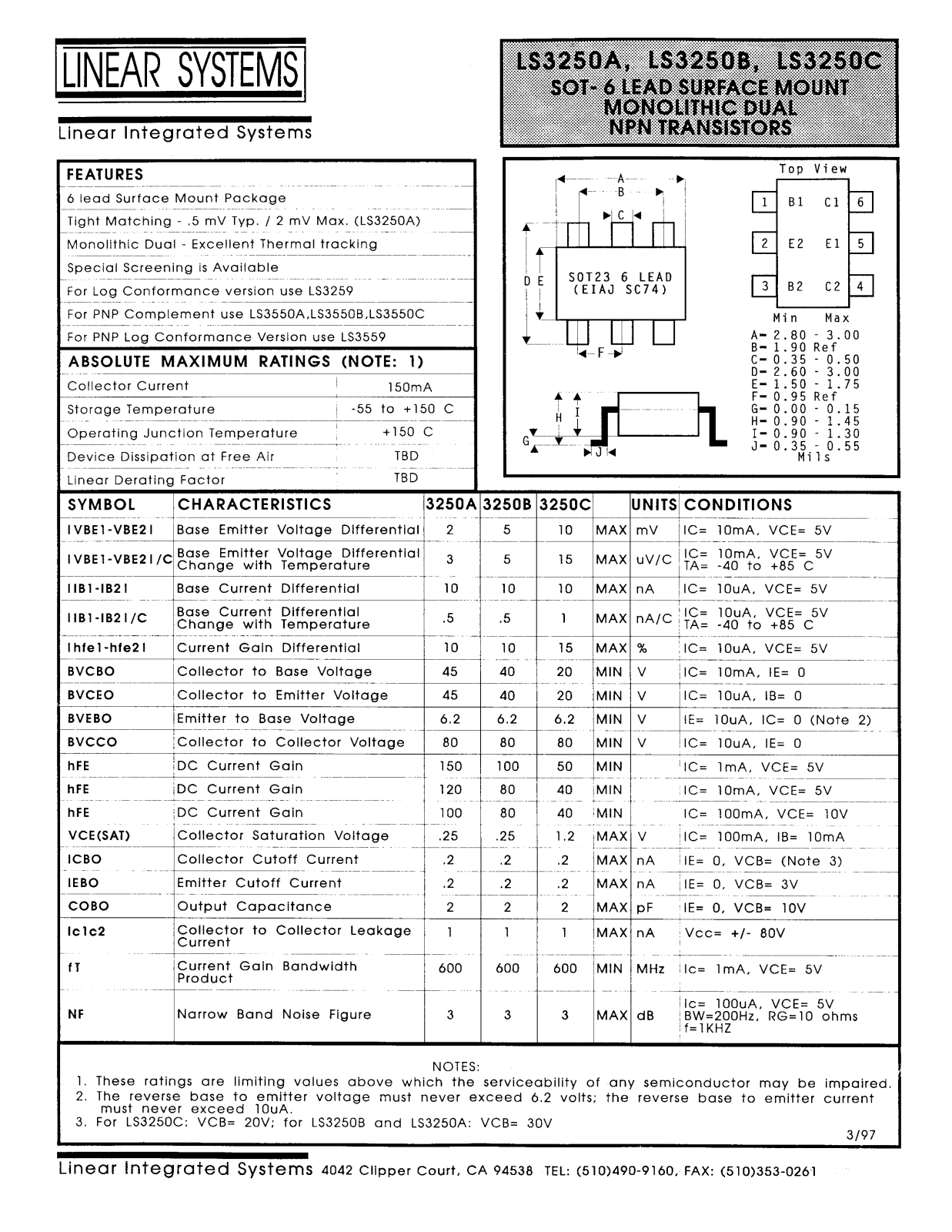 Datasheet LS3250C, LS3250B, LS3250A Datasheet (Linear Integrated System Linear Systems) - ManualMachine.com