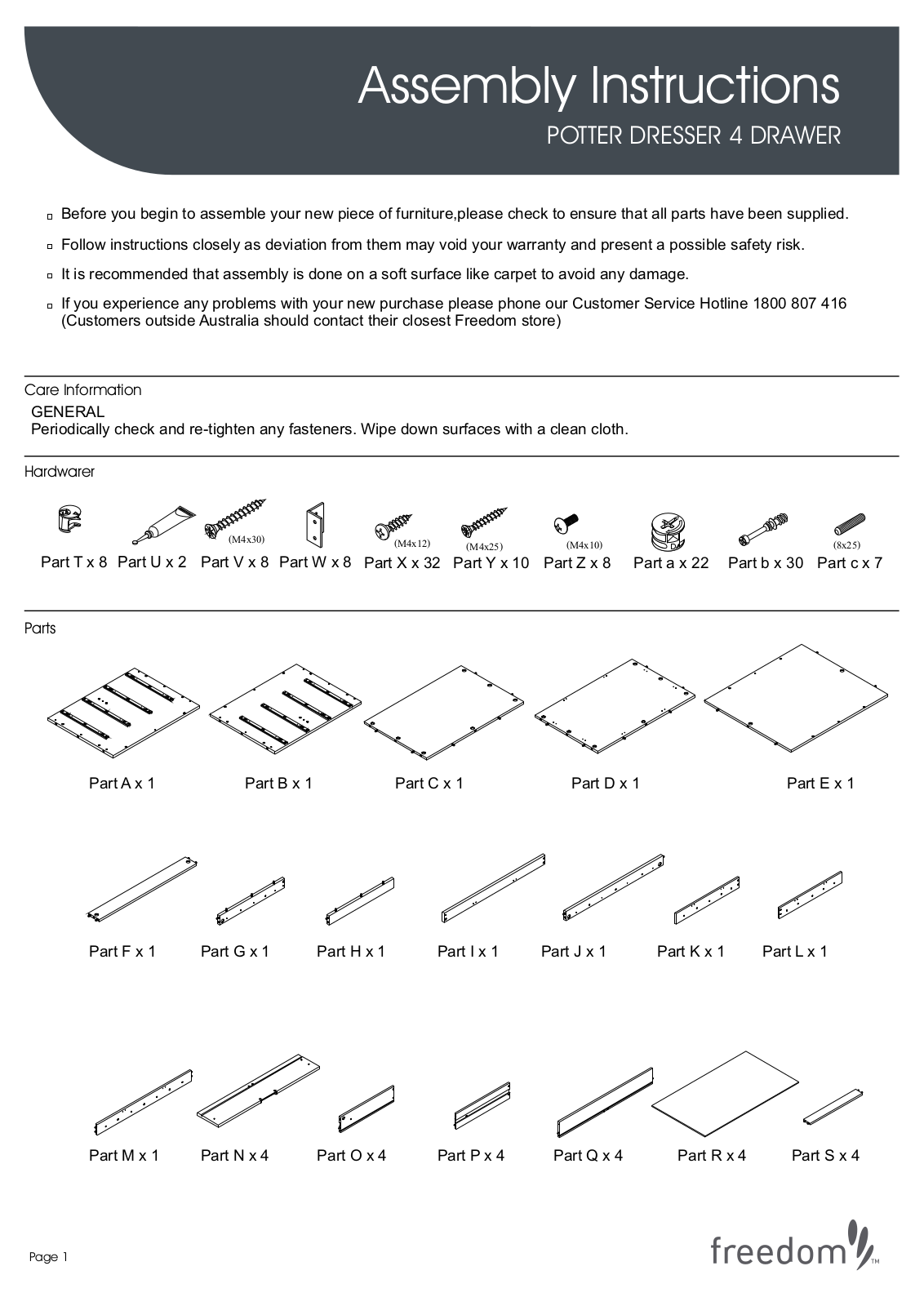 Freedom Potter Dresser 4 Drawer Assembly Instruction