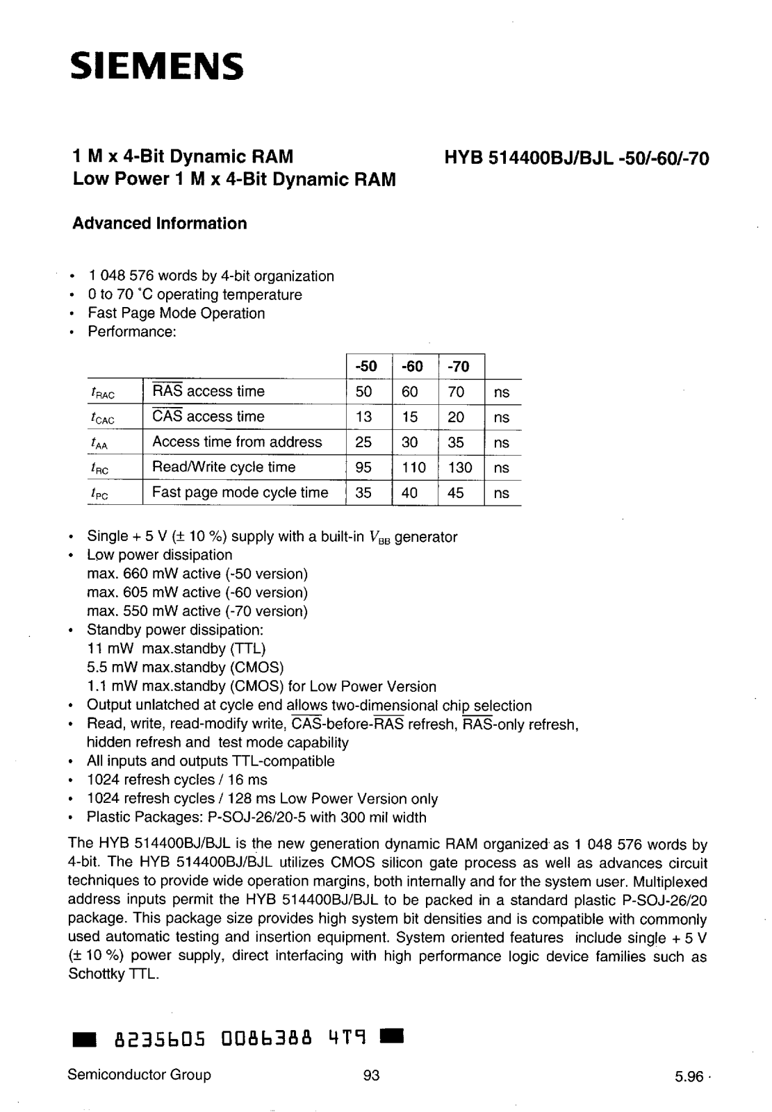 Siemens HYB514400BJ-50, HYB514400BJ-60, HYB514400BJ-70, HYB514400BJL-50, HYB514400BJL-60 Datasheet