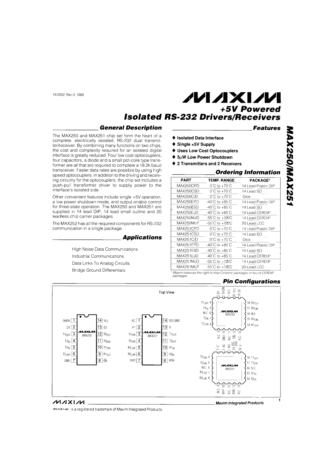 Maxim MAX251ESD, MAX251EPD, MAX251EJD, MAX251CSD, MAX251CPD Datasheet