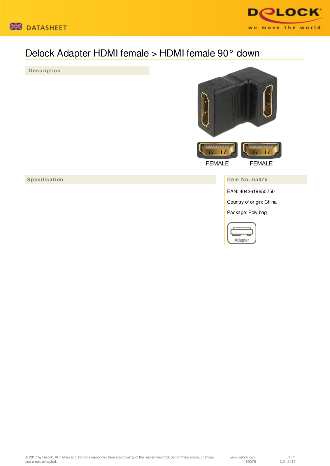 DeLOCK HDMI adapter plug-socket User Manual