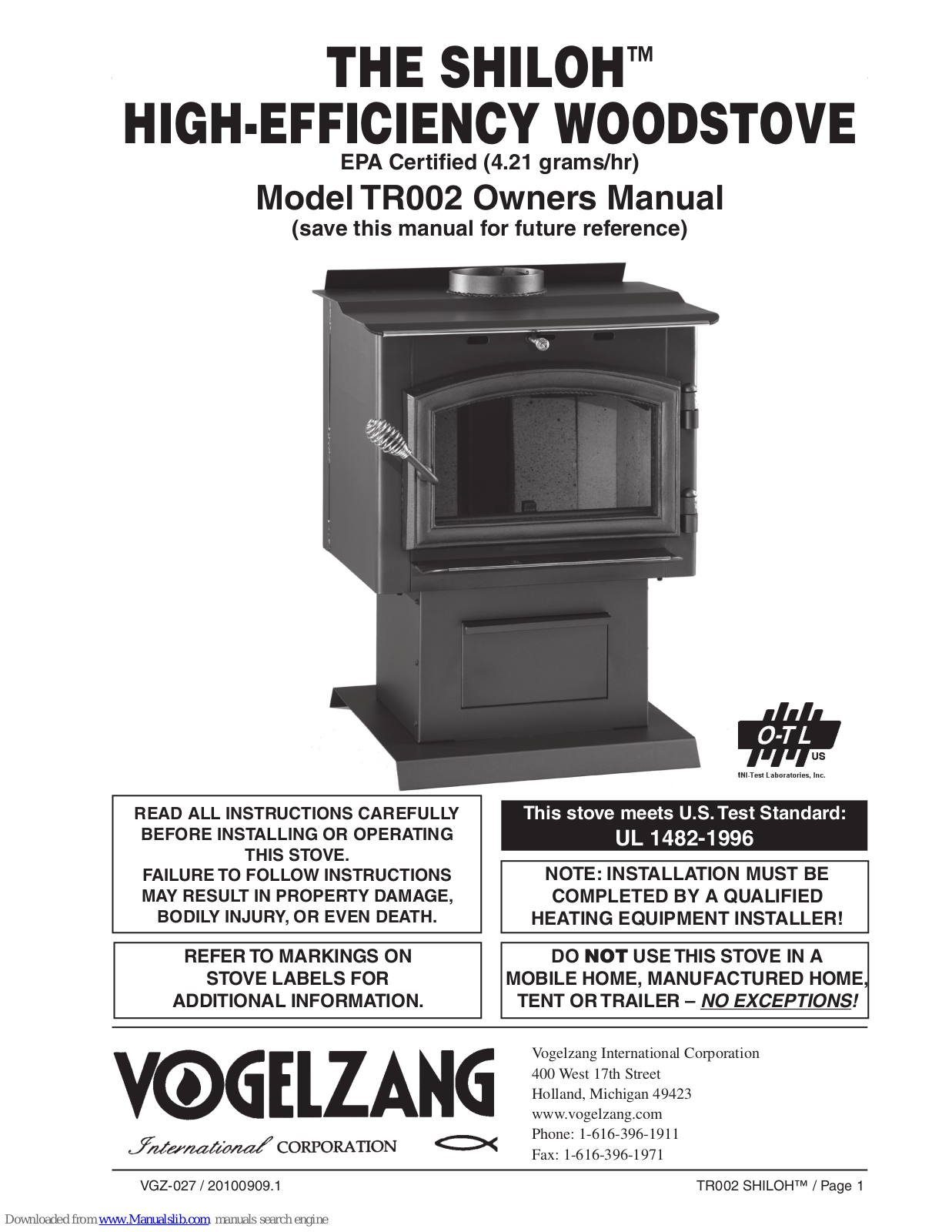 Vogelzang International Shiloh TR002 Owner's Manual