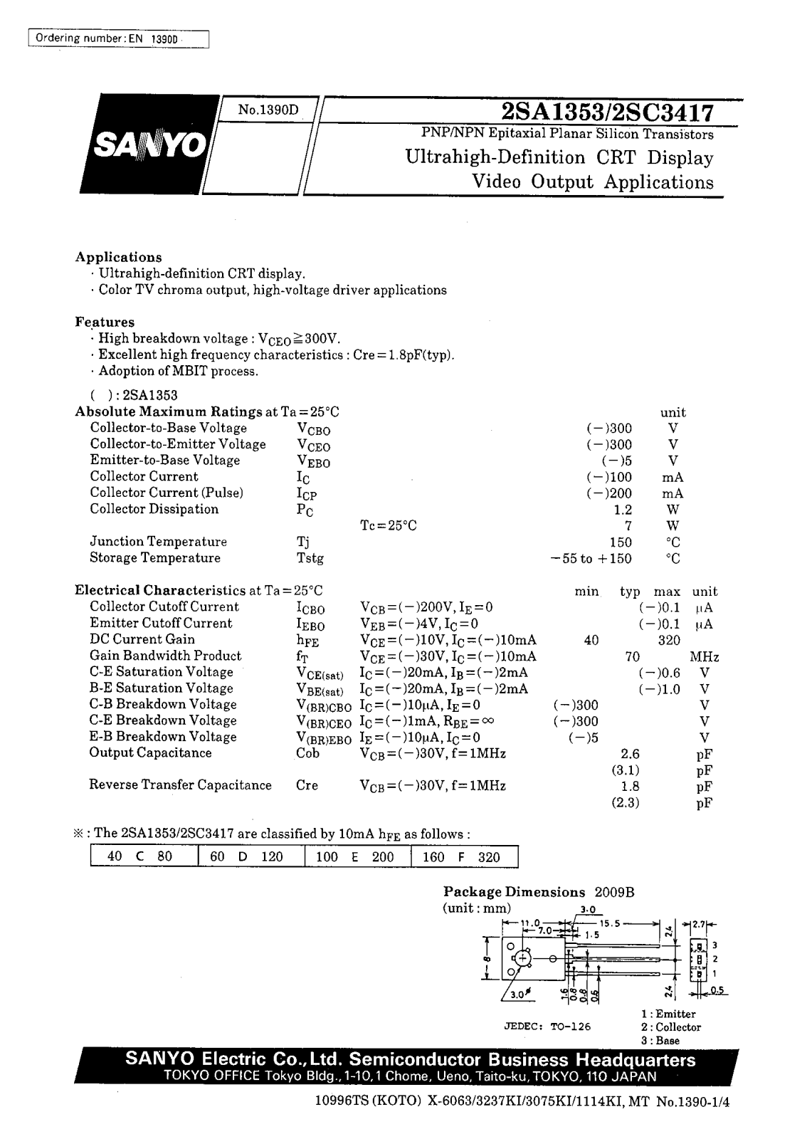 SANYO 2SC3417, 2SA1353 Datasheet