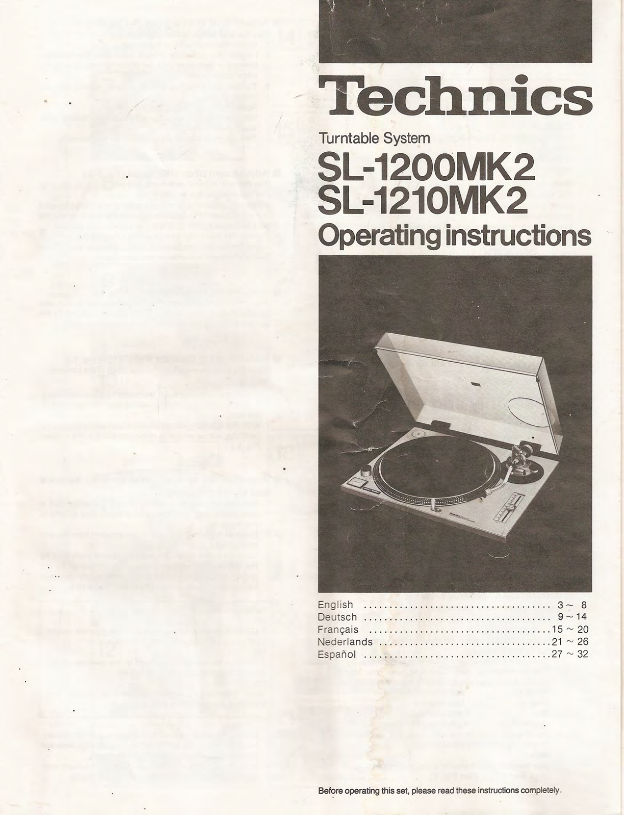 TECHNICS SL-1210 MKII Operating Instruction