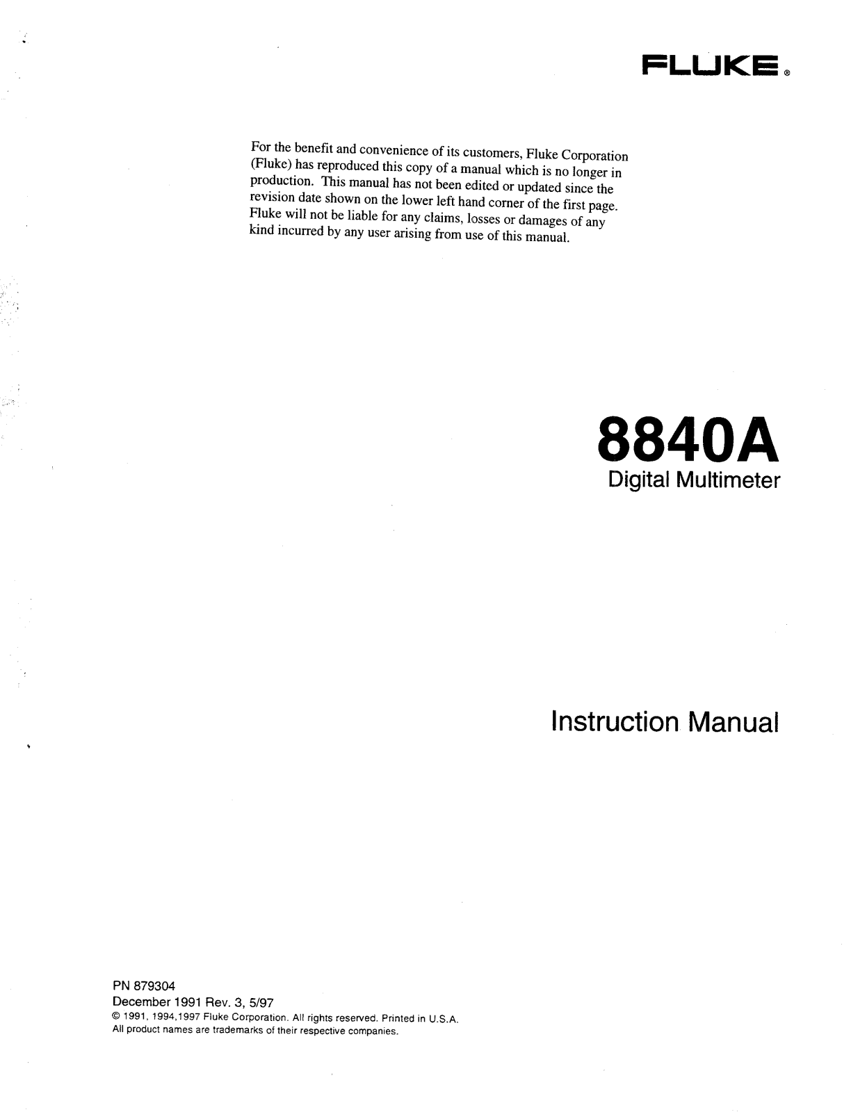 Fluke Corp 8840-A Owners manual