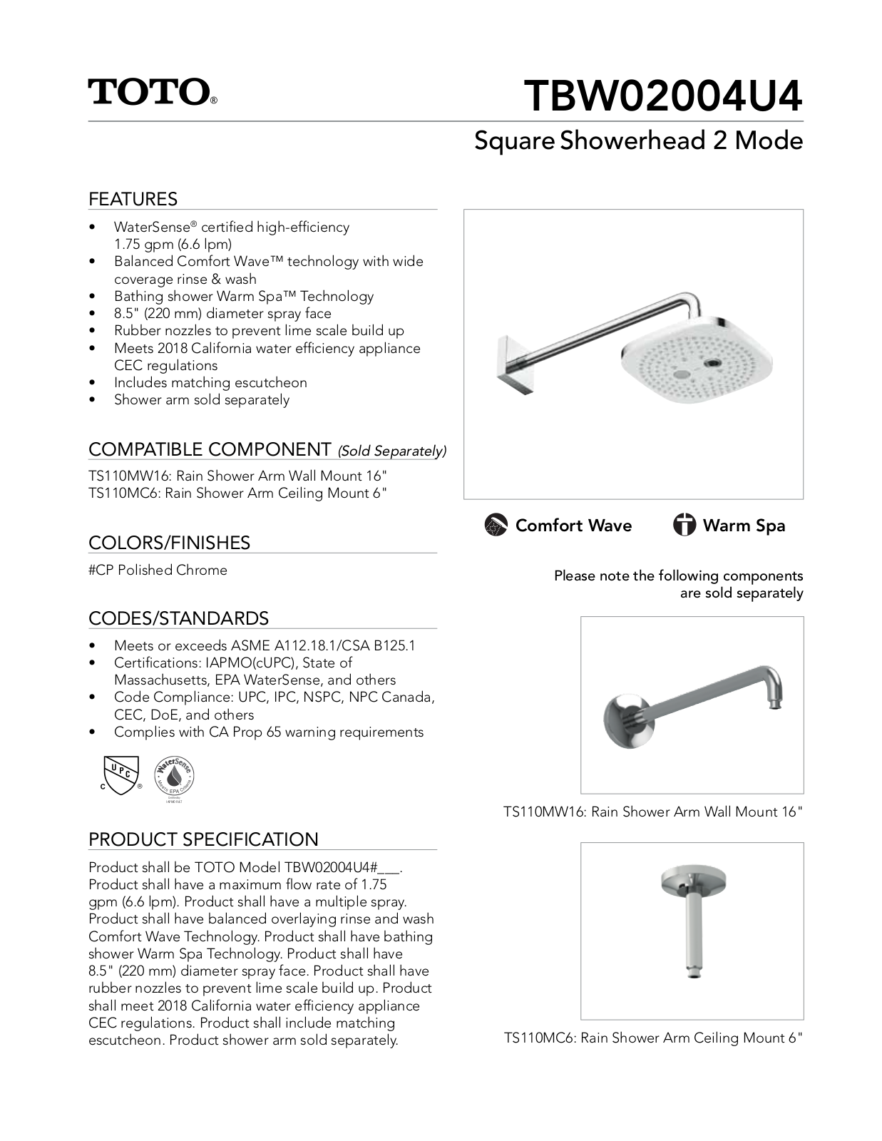 TOTO SBSA1075 Specifications - ManualMachine.com