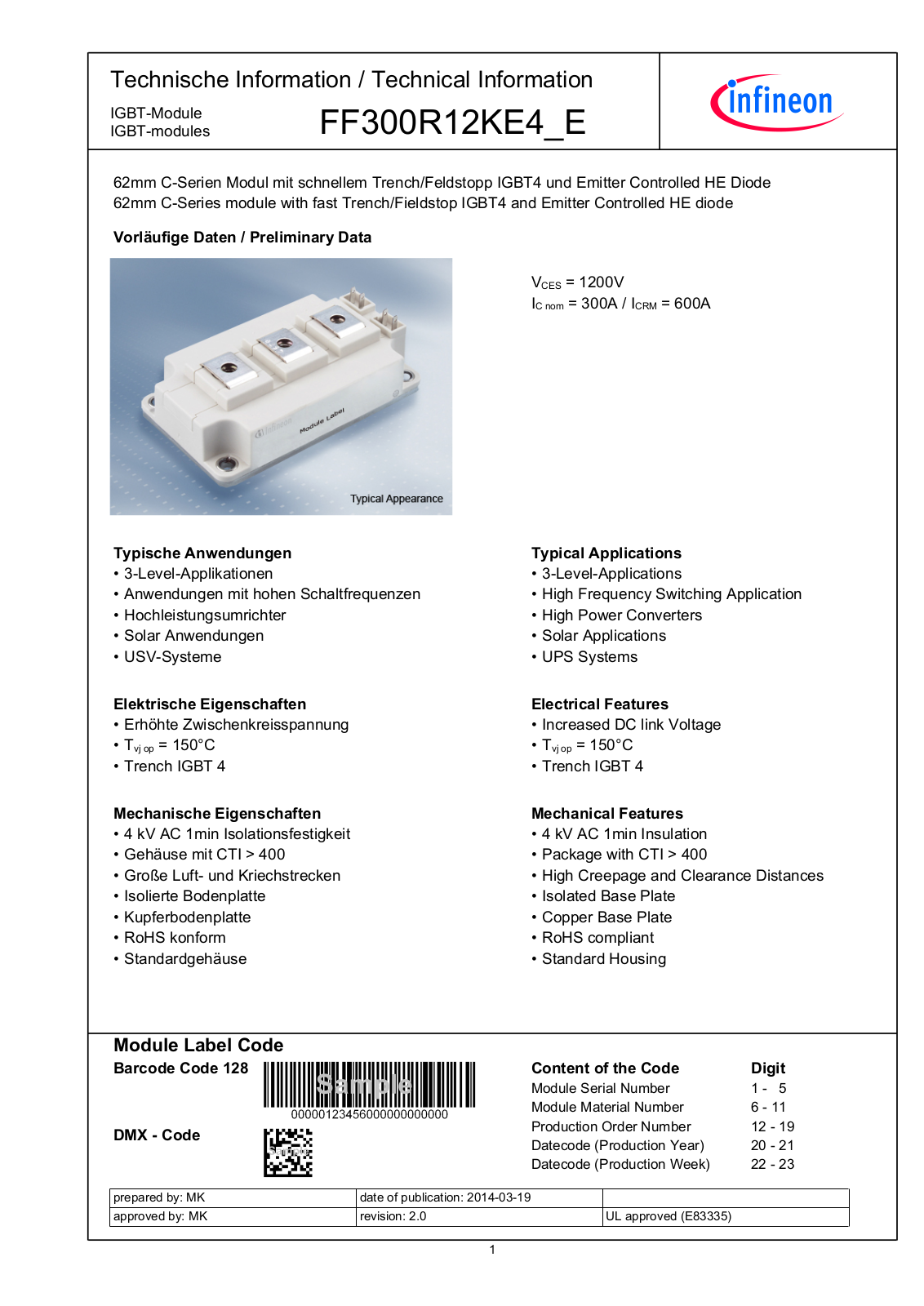 Infineon FF300R12KE4_E Data Sheet