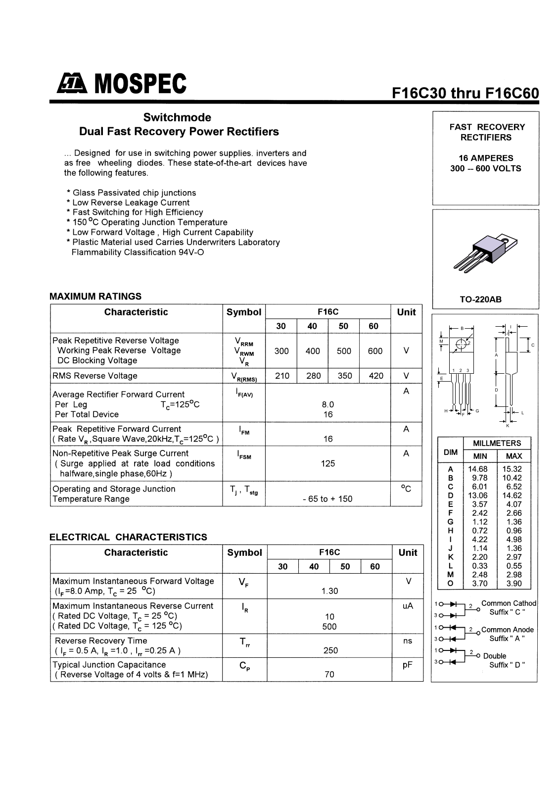 MOSPEC F16C60C, F16C60A, F16C50D, F16C50A, F16C40D Datasheet
