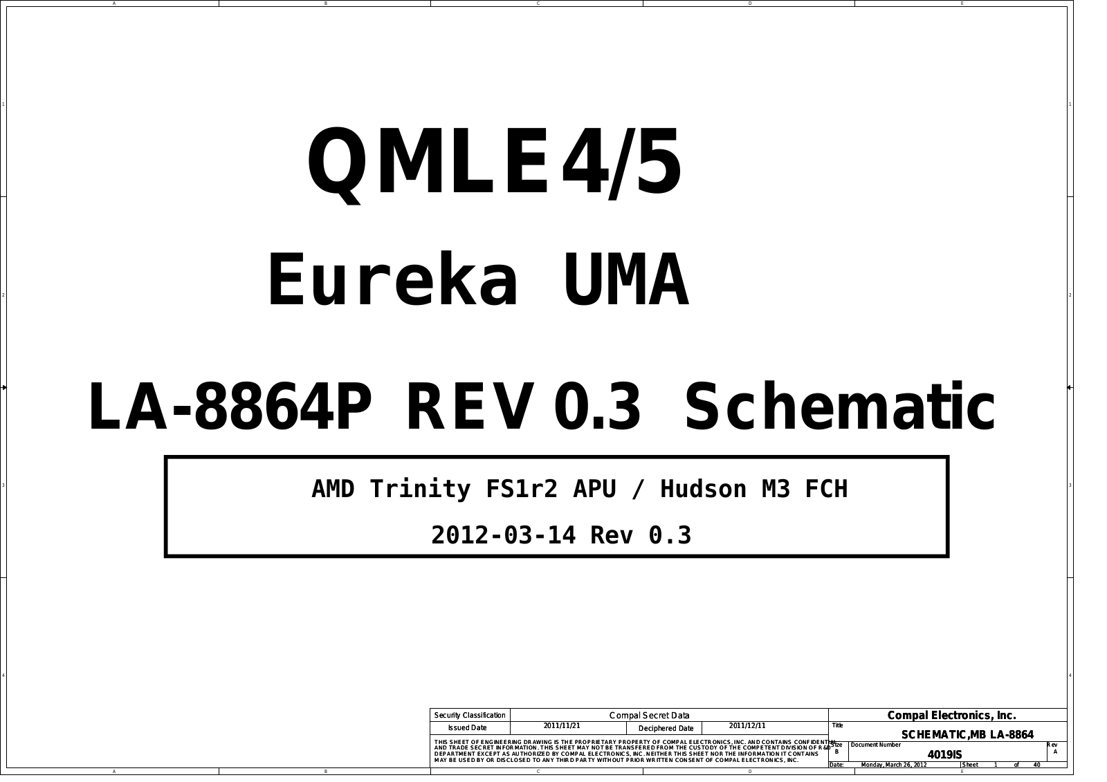 Compal LA-8864P QMLE4 Eureka UMA, NP355V4C, NP355V5C, LA-8864P QMLE5 Eureka UMA Schematic