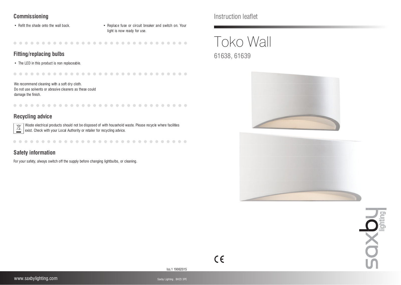 Saxby Lighting 61639, 61638 Installation Instructions