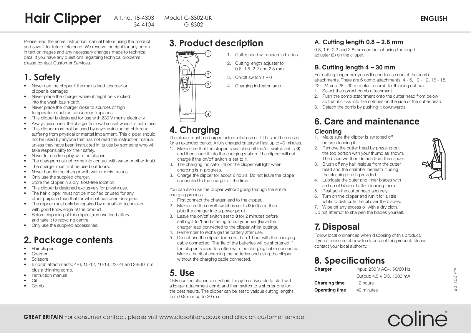 Coline G-8302, G-8302-UK Quick Manual