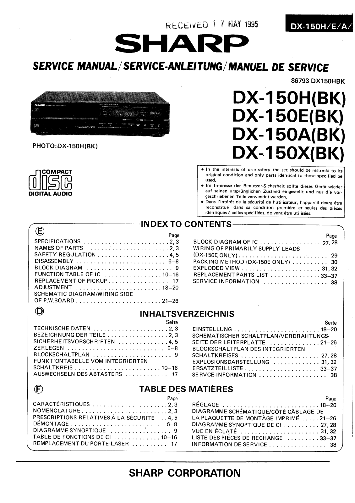 Sharp DX-150-E, DX-150-A, DX-150-H, DX-150-X Service manual